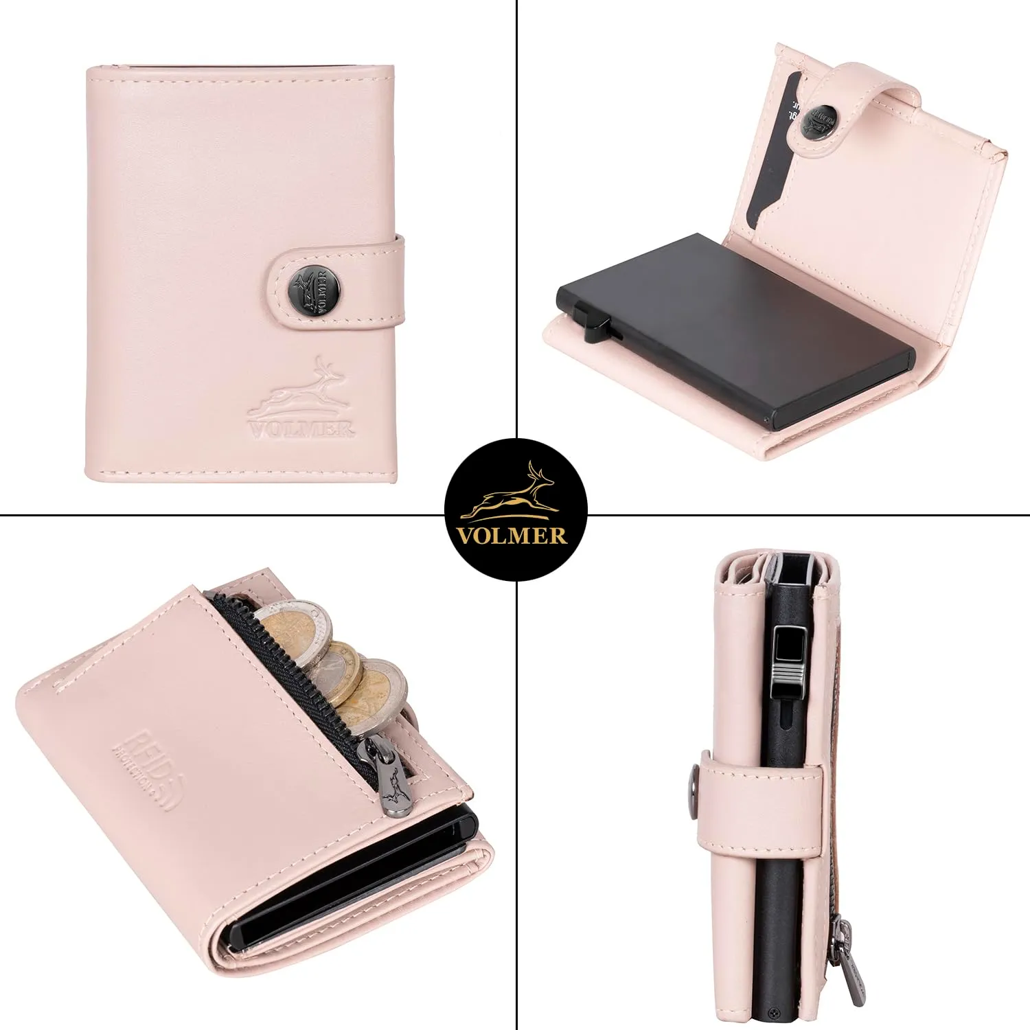 FA.Volmer Kleines Münzfach, porta carte pop-up con scomparto portamonete in vera pelle per uomo e donna, 12 carte, protezione RFID, portafoglio VO45, rosa cipria, Kleines Münzfach - immagine 3