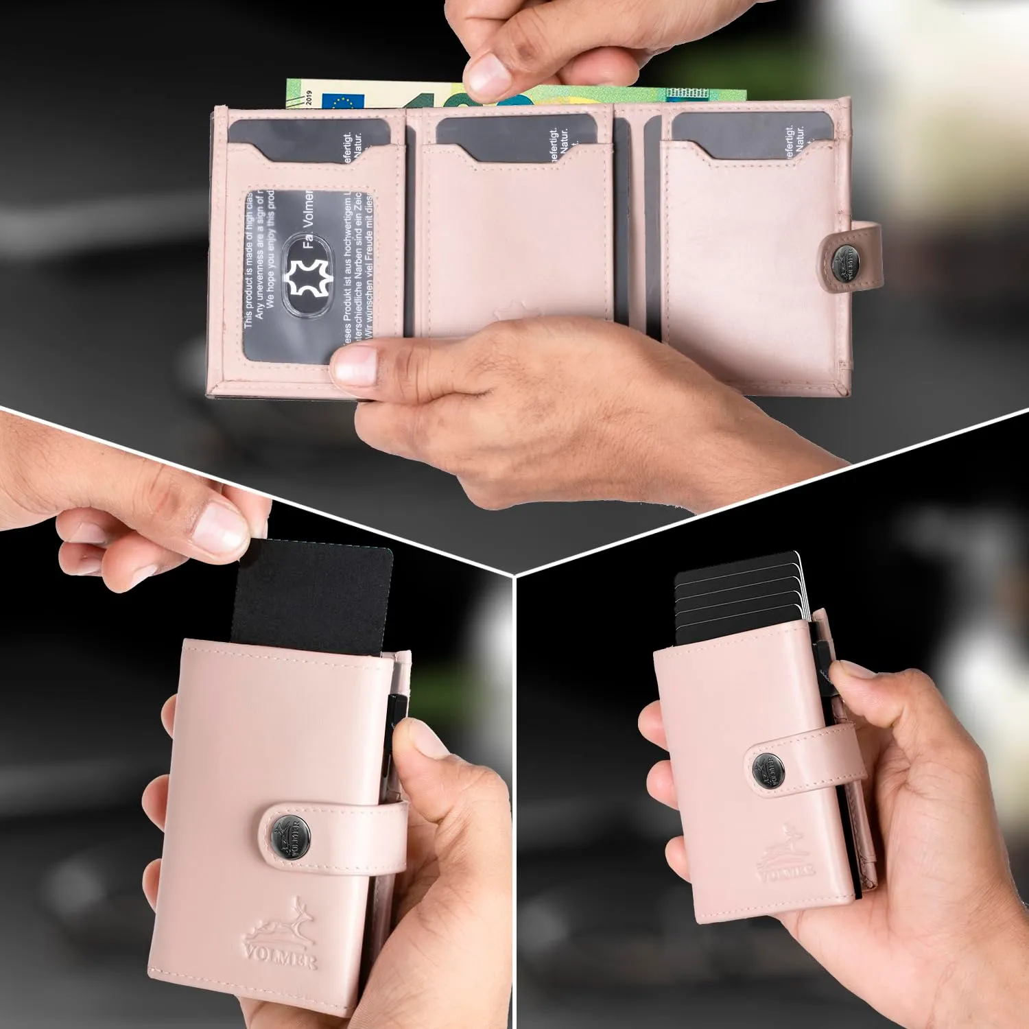 FA.Volmer Kleines Münzfach, porta carte pop-up con scomparto portamonete in vera pelle per uomo e donna, 12 carte, protezione RFID, portafoglio VO45, rosa cipria, Kleines Münzfach - immagine 4