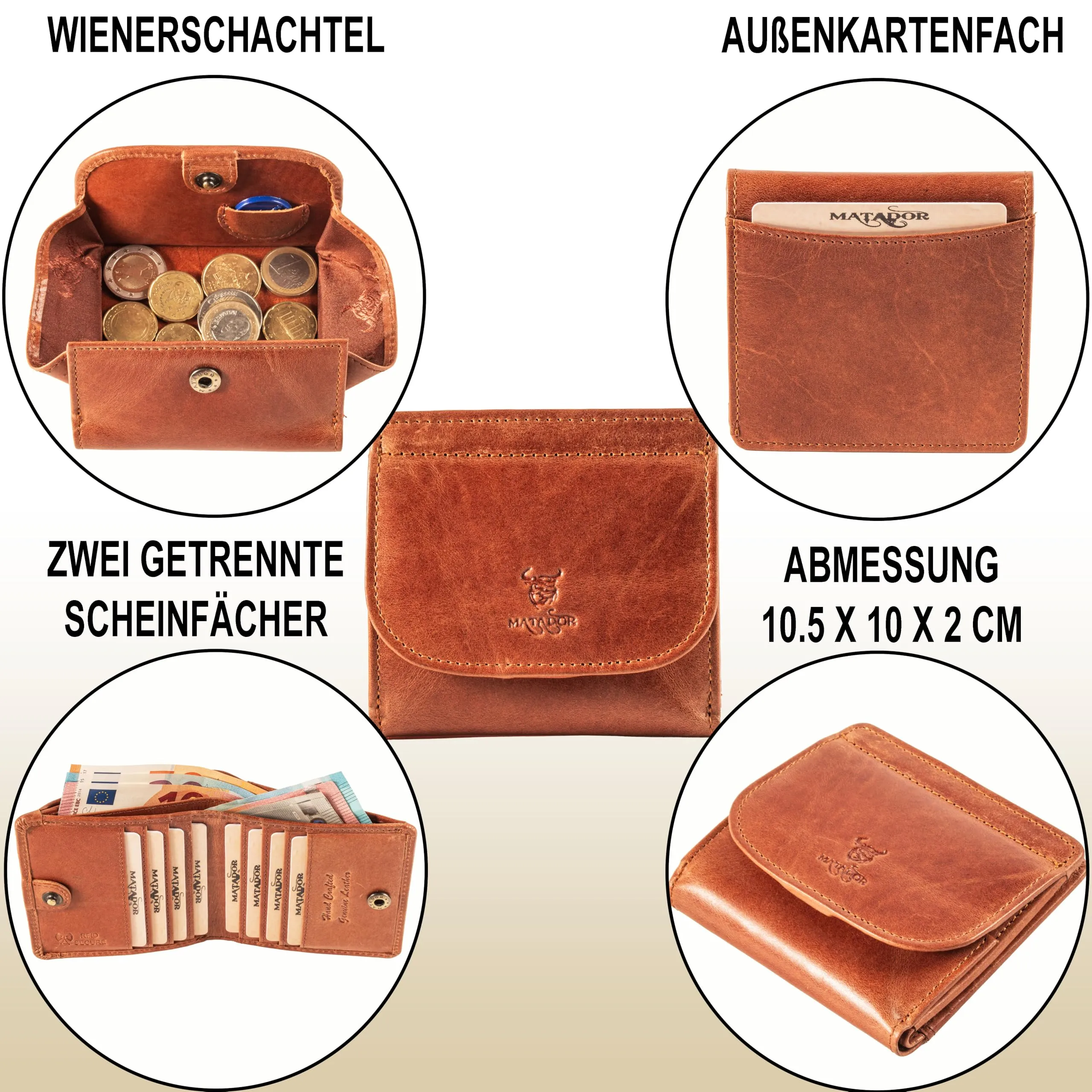 MATADOR Portafoglio Piccolo Pelle RFID Portamonete, Marrone Cognac - immagine 4
