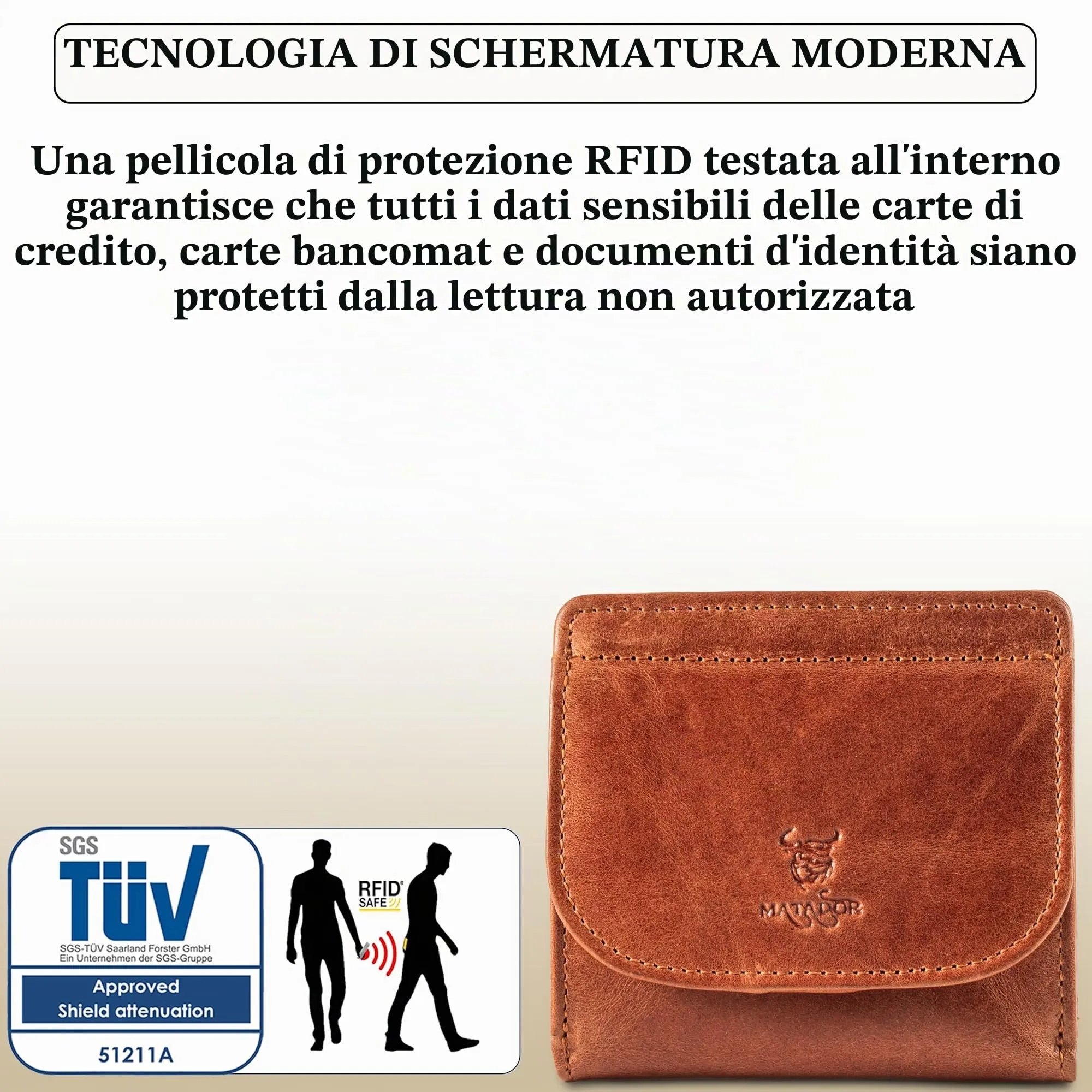 MATADOR Portafoglio Piccolo Pelle RFID Portamonete, Marrone Cognac - immagine 5