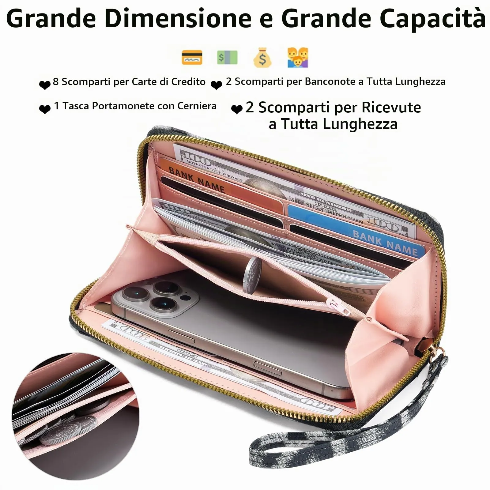 GAEKEAO Portafoglio Donna Grande, Portamonete Donna in Pelle PU con Cerniera Totale, Porta Carte a Motivo Leopardo con Fascia da Polso, Portafogli Spazioso con Numerose Fessure per Carte - immagine 2