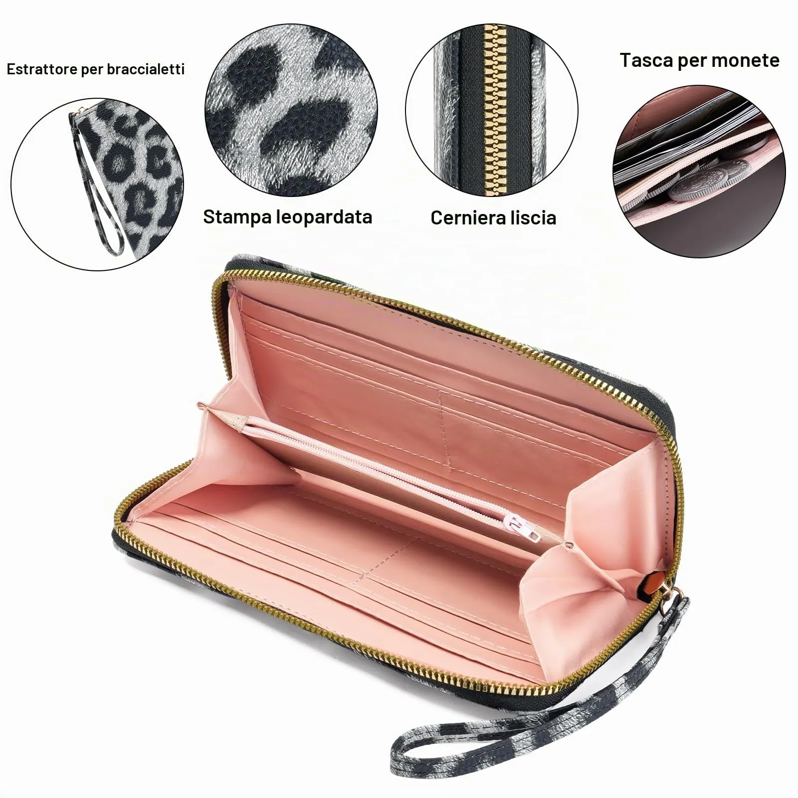 GAEKEAO Portafoglio Donna Grande, Portamonete Donna in Pelle PU con Cerniera Totale, Porta Carte a Motivo Leopardo con Fascia da Polso, Portafogli Spazioso con Numerose Fessure per Carte - immagine 3