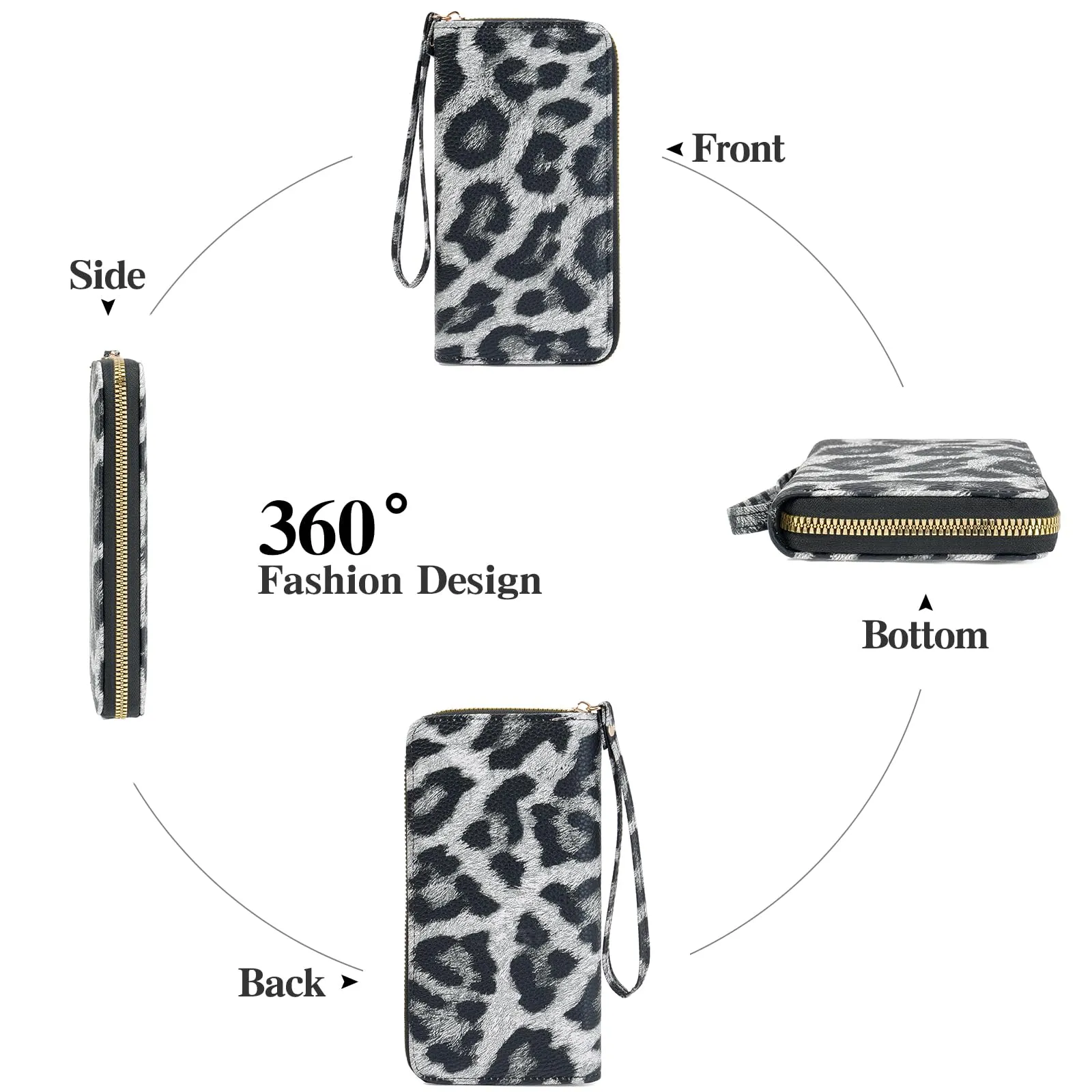 GAEKEAO Portafoglio Donna Grande, Portamonete Donna in Pelle PU con Cerniera Totale, Porta Carte a Motivo Leopardo con Fascia da Polso, Portafogli Spazioso con Numerose Fessure per Carte - immagine 5