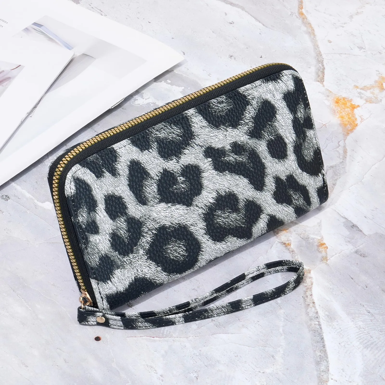 GAEKEAO Portafoglio Donna Grande, Portamonete Donna in Pelle PU con Cerniera Totale, Porta Carte a Motivo Leopardo con Fascia da Polso, Portafogli Spazioso con Numerose Fessure per Carte - immagine 6