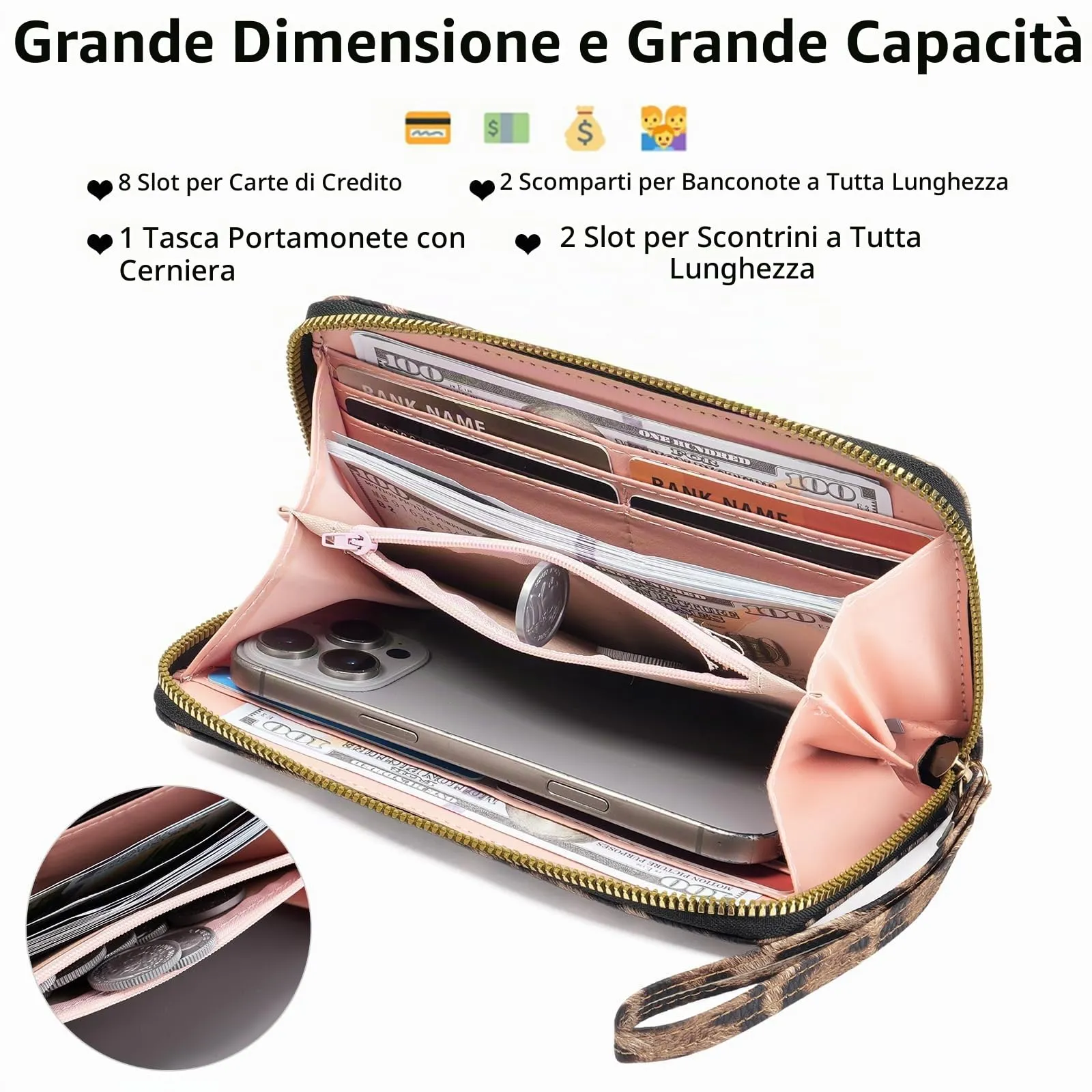 GAEKEAO Portafoglio Donna Grande, Portamonete Donna in Pelle PU con Cerniera Totale, Porta Carte a Motivo Leopardo con Fascia da Polso, Portafogli Spazioso con Numerose Fessure per Carte - immagine 2