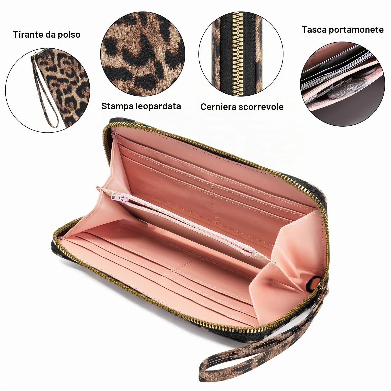 GAEKEAO Portafoglio Donna Grande, Portamonete Donna in Pelle PU con Cerniera Totale, Porta Carte a Motivo Leopardo con Fascia da Polso, Portafogli Spazioso con Numerose Fessure per Carte - immagine 3