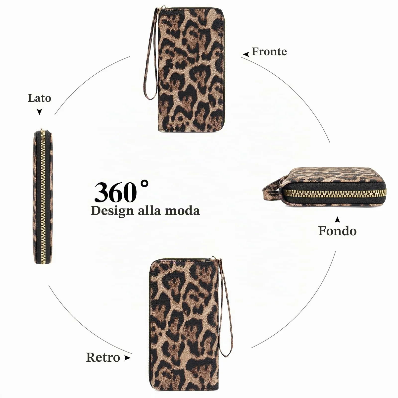 GAEKEAO Portafoglio Donna Grande, Portamonete Donna in Pelle PU con Cerniera Totale, Porta Carte a Motivo Leopardo con Fascia da Polso, Portafogli Spazioso con Numerose Fessure per Carte - immagine 5