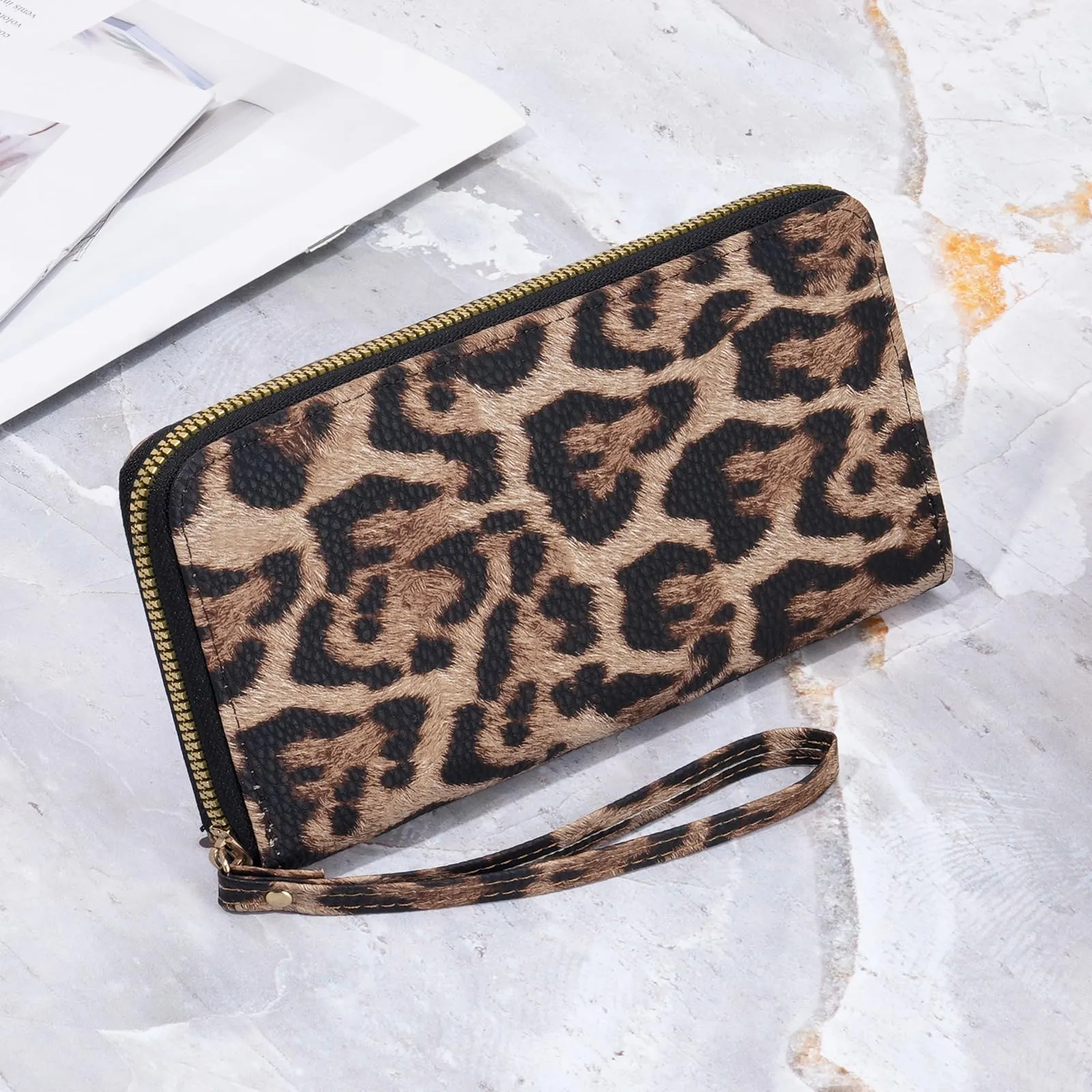 GAEKEAO Portafoglio Donna Grande, Portamonete Donna in Pelle PU con Cerniera Totale, Porta Carte a Motivo Leopardo con Fascia da Polso, Portafogli Spazioso con Numerose Fessure per Carte - immagine 6