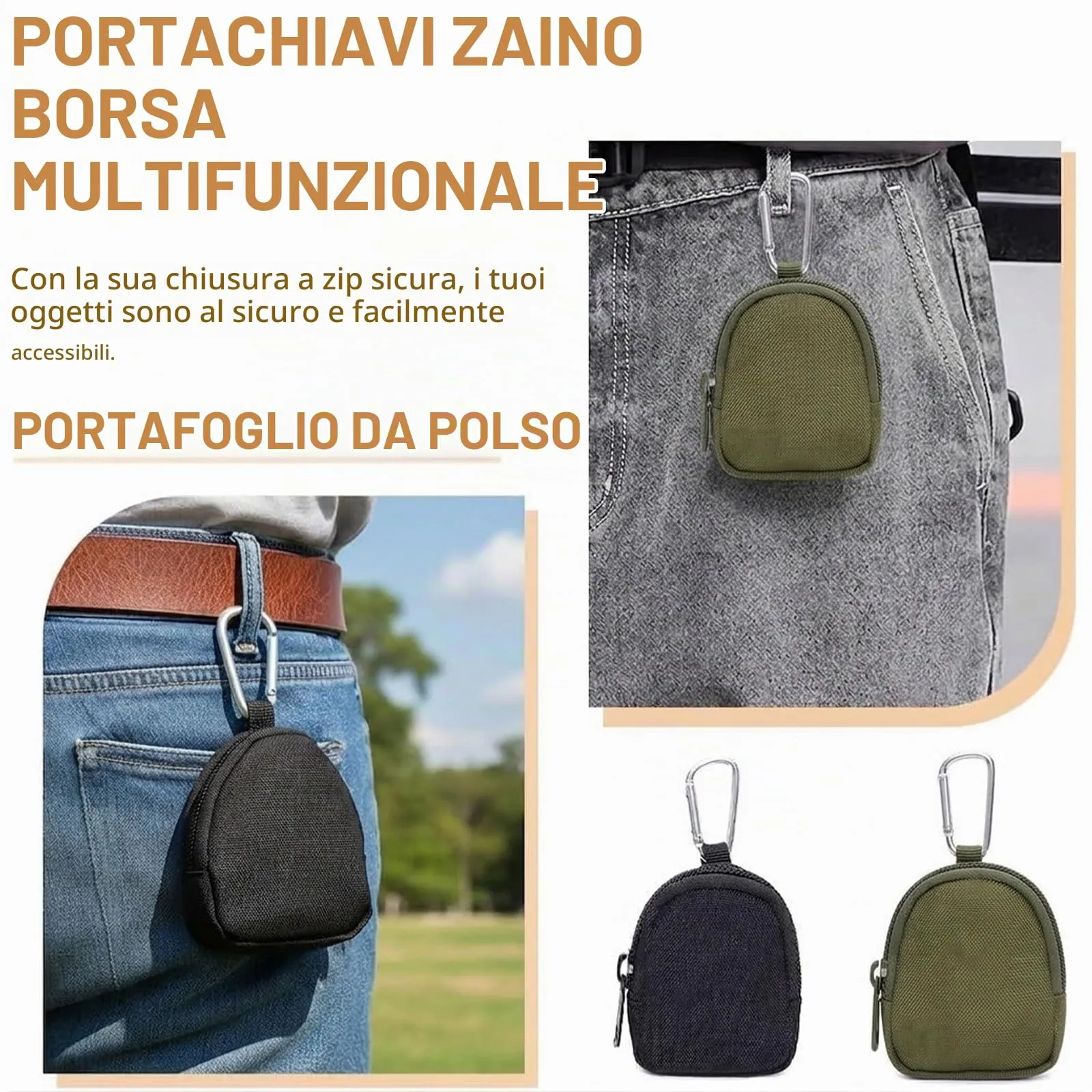 Set di 2 Portamonete con Moschettone in Tela, Piccolo Porta Monete per Chiavi e Sacchetto per Dolcetti per Cani, Nero e Verde Militare - immagine 2
