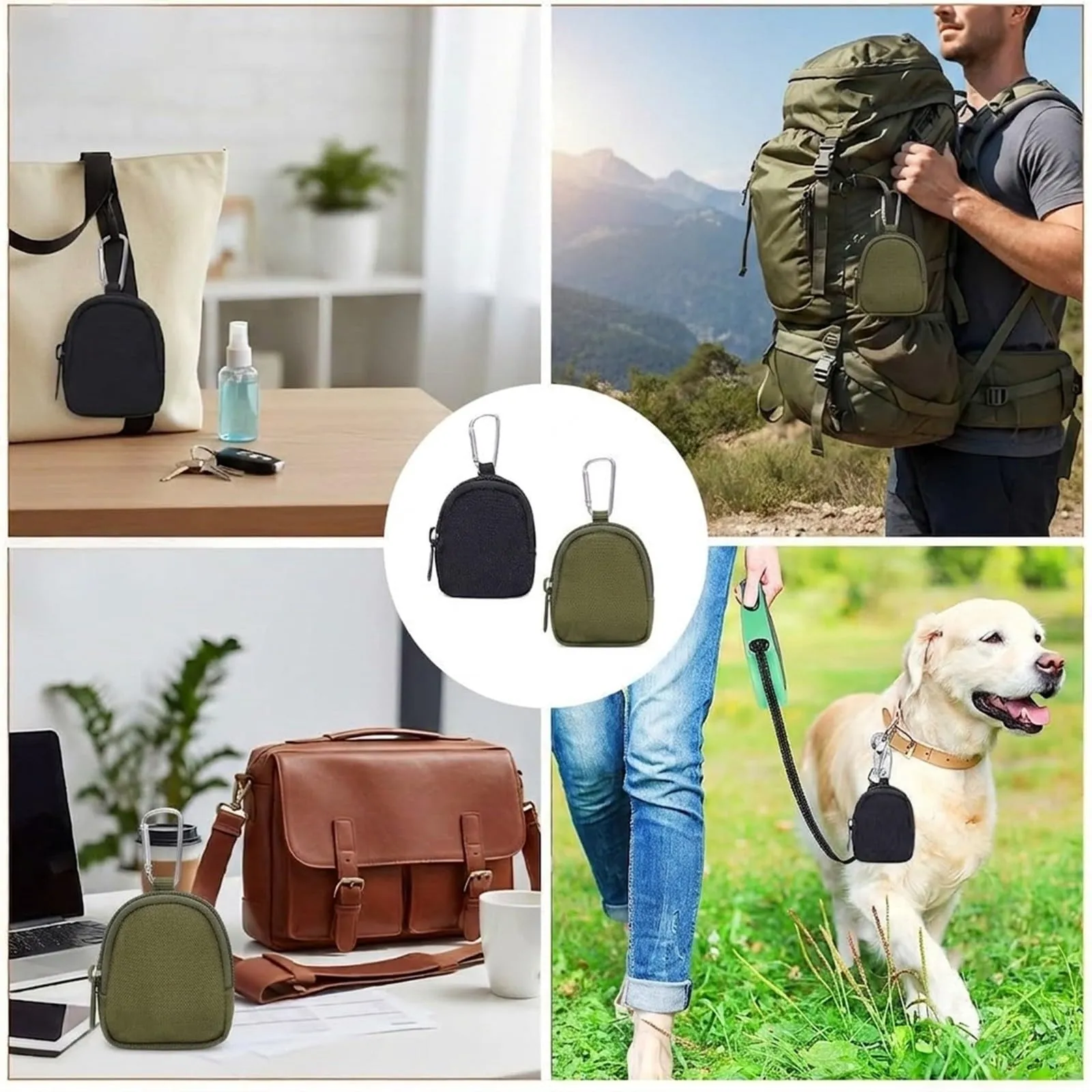Set di 2 Portamonete con Moschettone in Tela, Piccolo Porta Monete per Chiavi e Sacchetto per Dolcetti per Cani, Nero e Verde Militare - immagine 6