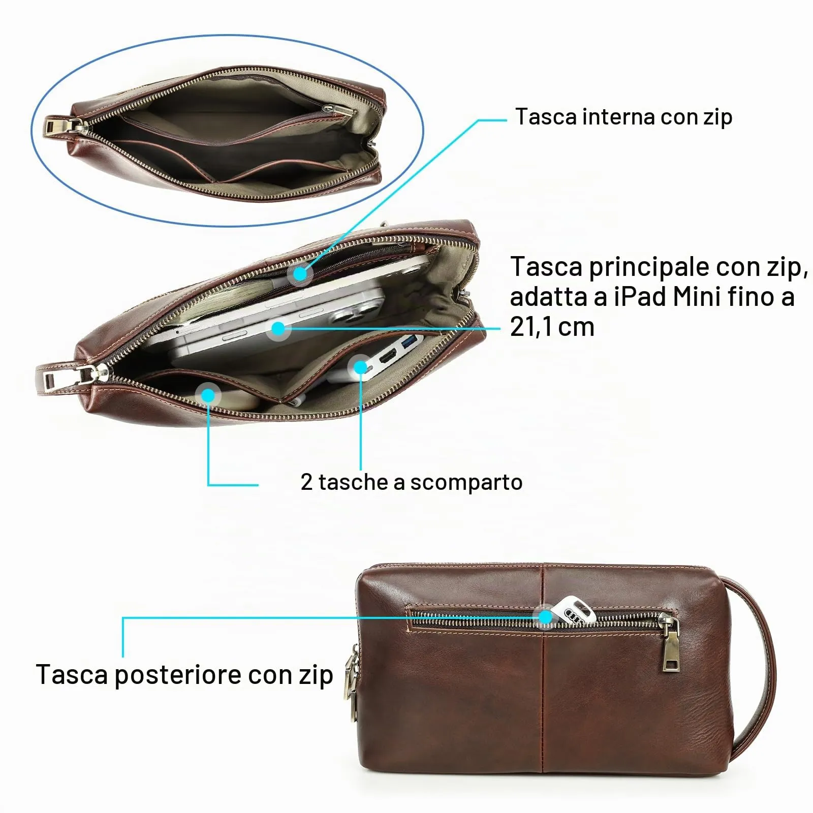 Contacts Porta-telefono da uomo in vera pelle - Chiusura a cerniera - Portafoglio - Borsa a mano, 30 x 6 x 15 cm - immagine 5