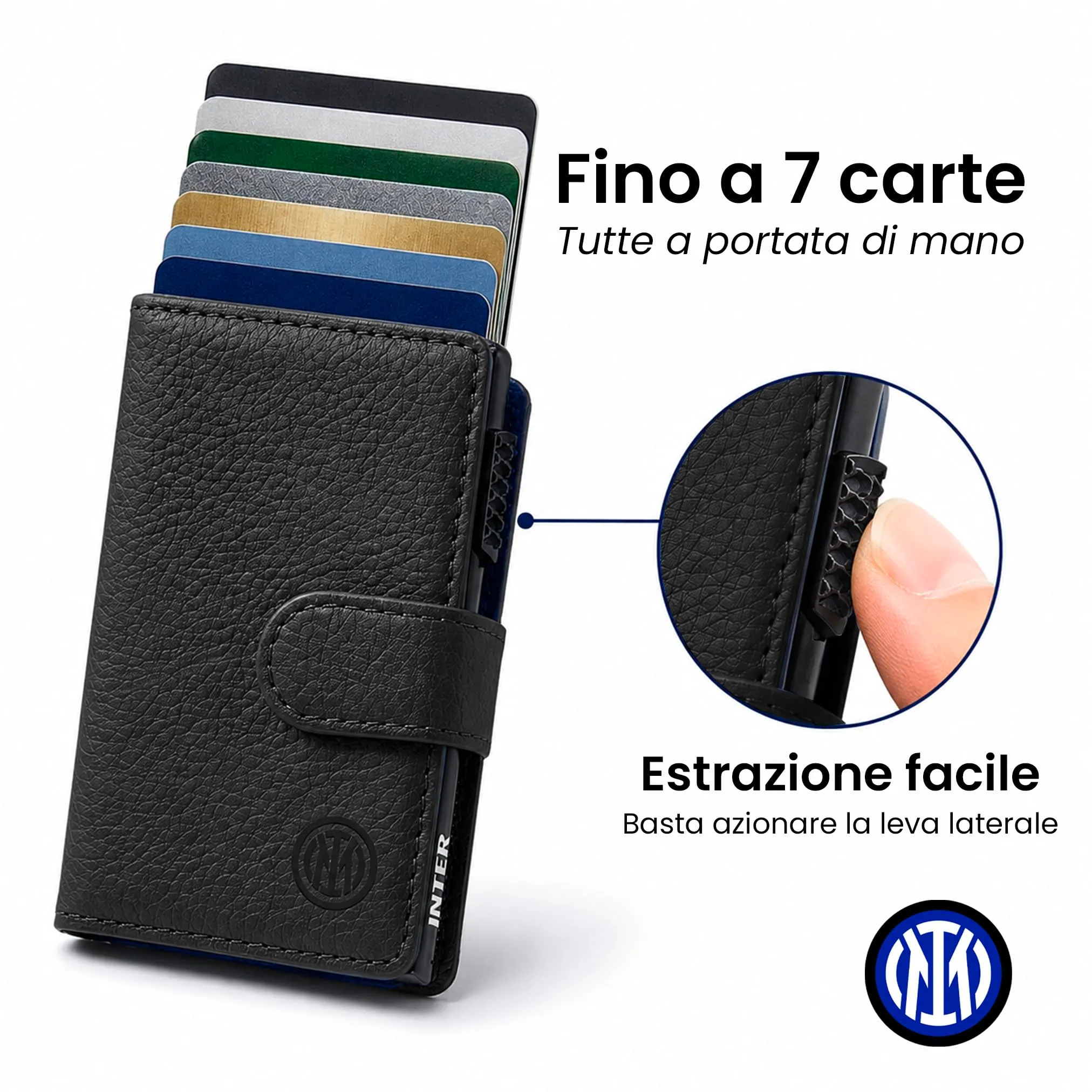 TECHMADE Fc Inter Portafoglio Magnetico - Modello Slide - Fino a 7 Carte, Tasca Monete e Banconote - RFID, Ultra Slim, Funzione Stand per Smartphone - Anello Adattatore Magnetico Incluso - immagine 3