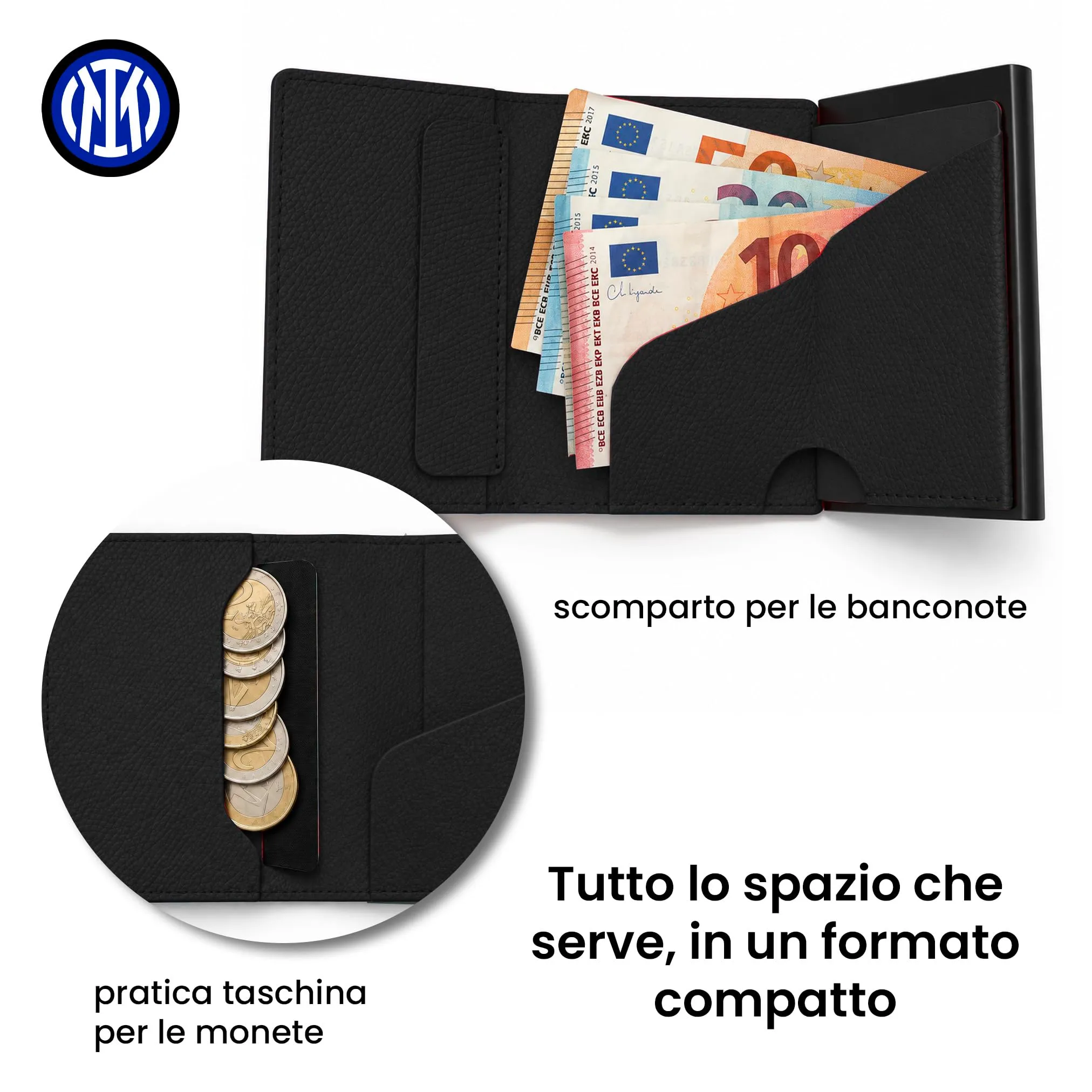 TECHMADE Fc Inter Portafoglio Magnetico - Modello Slide - Fino a 7 Carte, Tasca Monete e Banconote - RFID, Ultra Slim, Funzione Stand per Smartphone - Anello Adattatore Magnetico Incluso - immagine 4