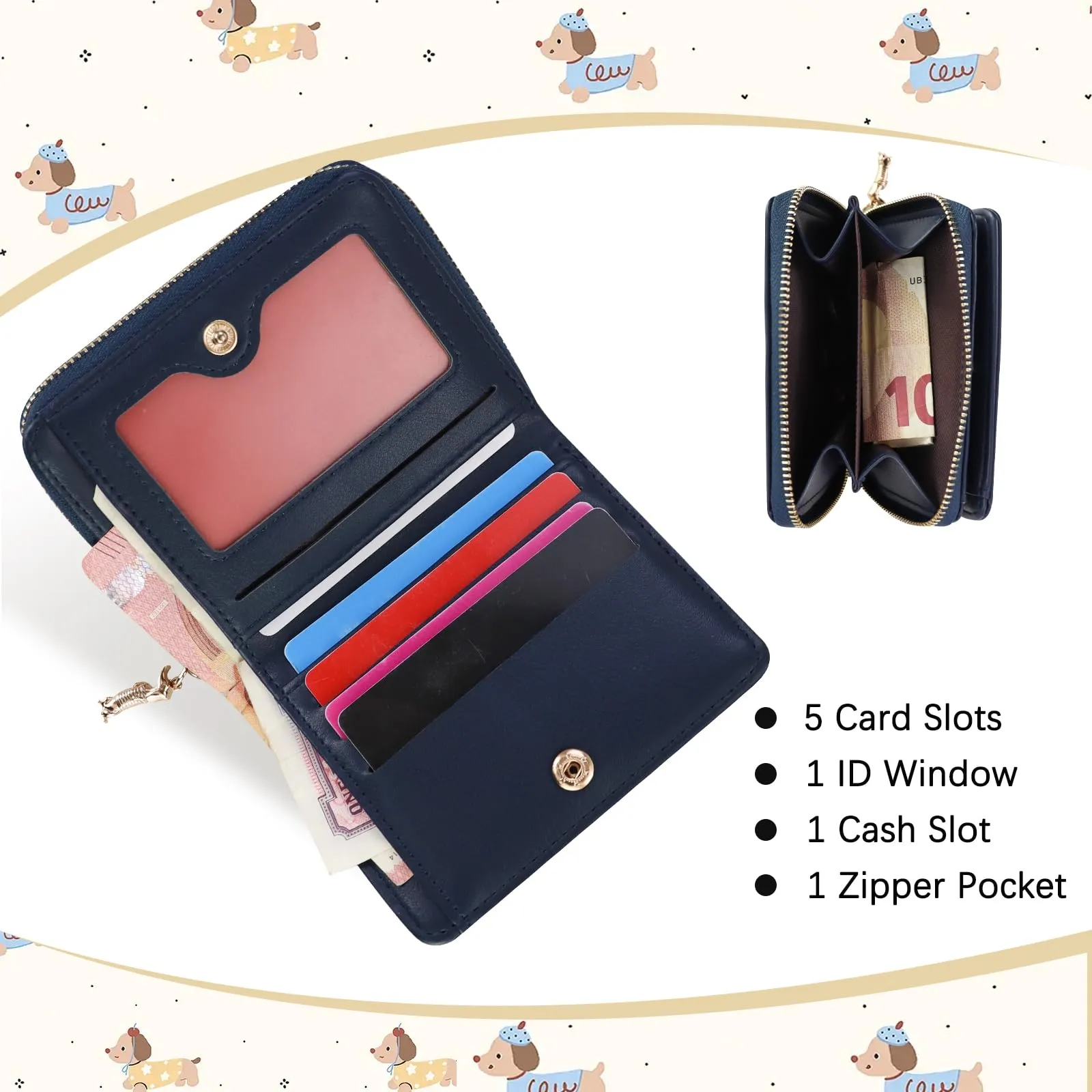 FuninCrea Piccolo portafoglio da donna in pelle sintetica con 5 scomparti per carte di credito, 1 finestra d'identità, ricamo bassotto per carte, piccolo portamonete con scomparto per, Blu scuro - immagine 4