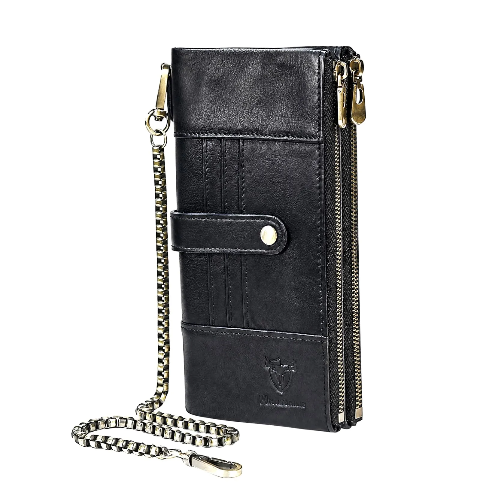 Handadsume Genuino Crazy Horse In Pelle Regalo di Viaggio Tasca Della Moneta Cassa di Carta Lungo Organizzatore Catena Rfid Portafoglio Borsa Con Snap Per Gli Uomini Maschio 1803 1815, 1822 nero - immagine 1