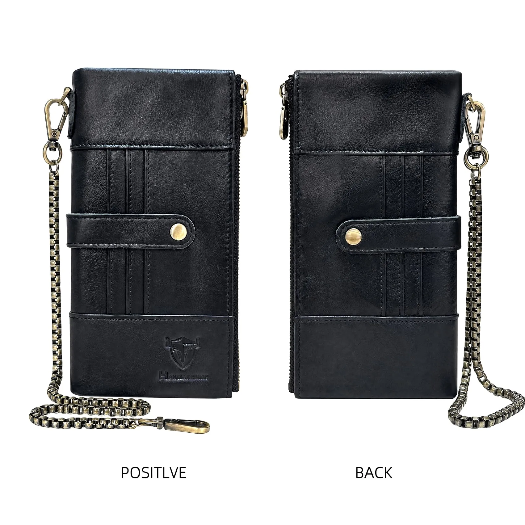 Handadsume Genuino Crazy Horse In Pelle Regalo di Viaggio Tasca Della Moneta Cassa di Carta Lungo Organizzatore Catena Rfid Portafoglio Borsa Con Snap Per Gli Uomini Maschio 1803 1815, 1822 nero - immagine 2
