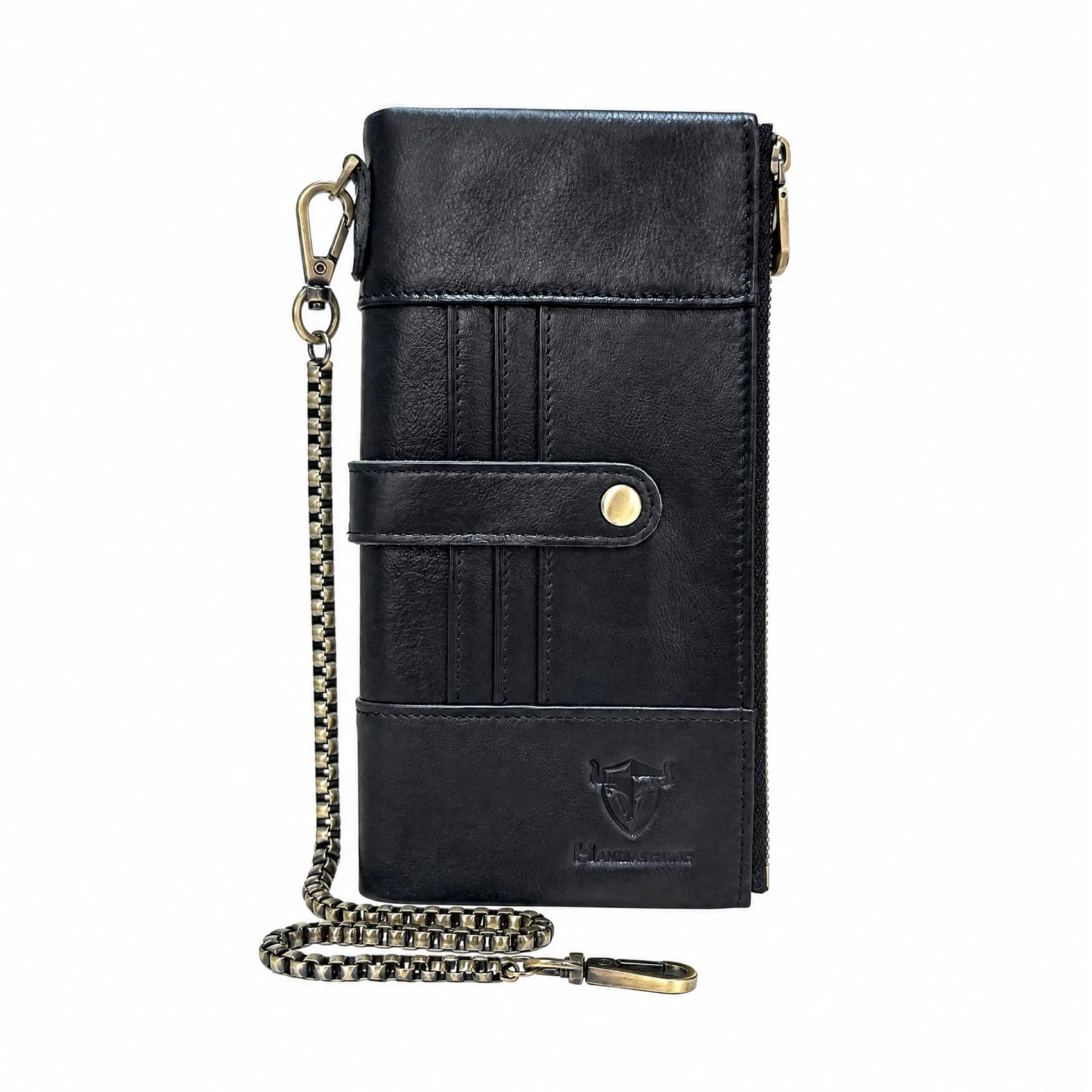 Handadsume Genuino Crazy Horse In Pelle Regalo di Viaggio Tasca Della Moneta Cassa di Carta Lungo Organizzatore Catena Rfid Portafoglio Borsa Con Snap Per Gli Uomini Maschio 1803 1815, 1822 nero - immagine 3