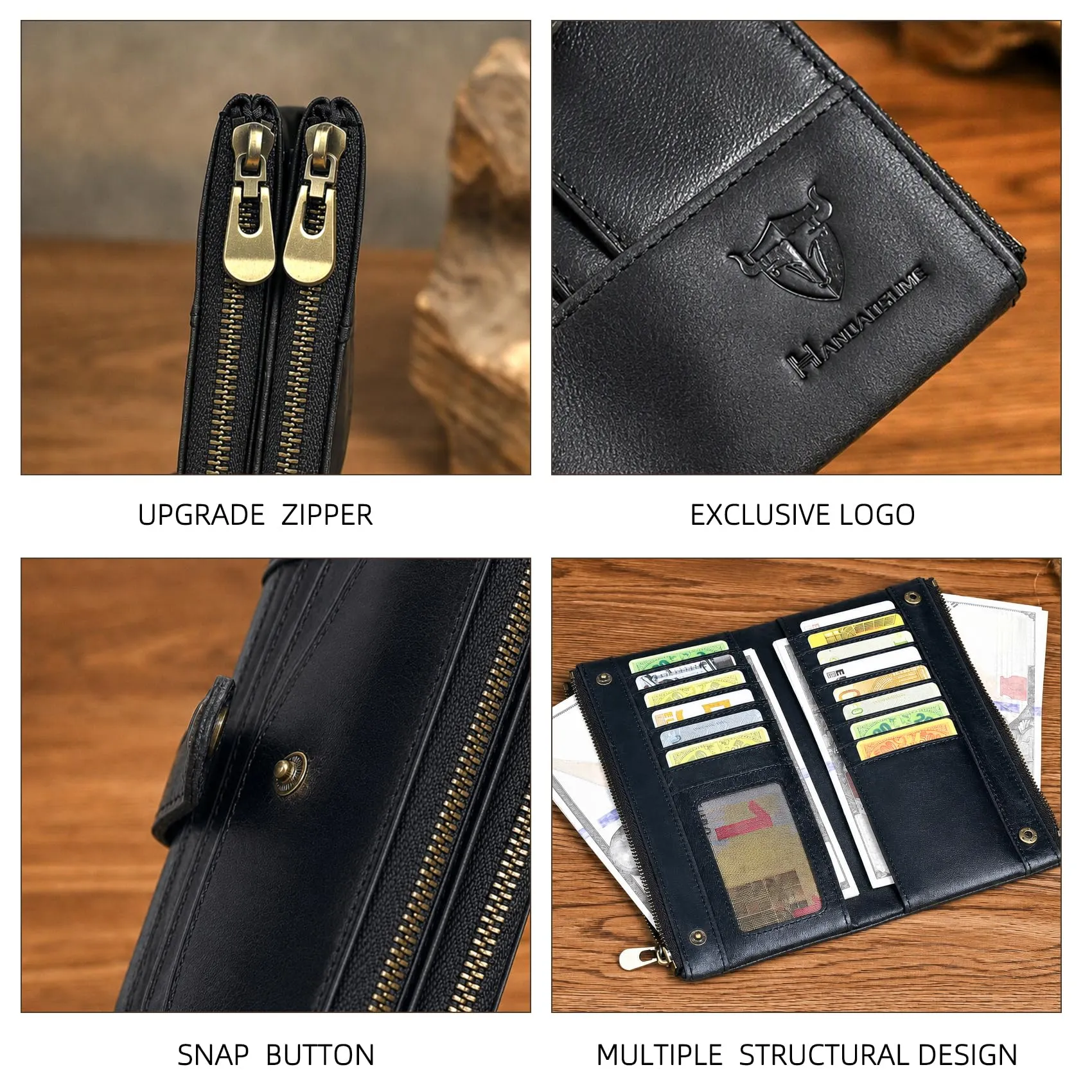 Handadsume Genuino Crazy Horse In Pelle Regalo di Viaggio Tasca Della Moneta Cassa di Carta Lungo Organizzatore Catena Rfid Portafoglio Borsa Con Snap Per Gli Uomini Maschio 1803 1815, 1822 nero - immagine 6