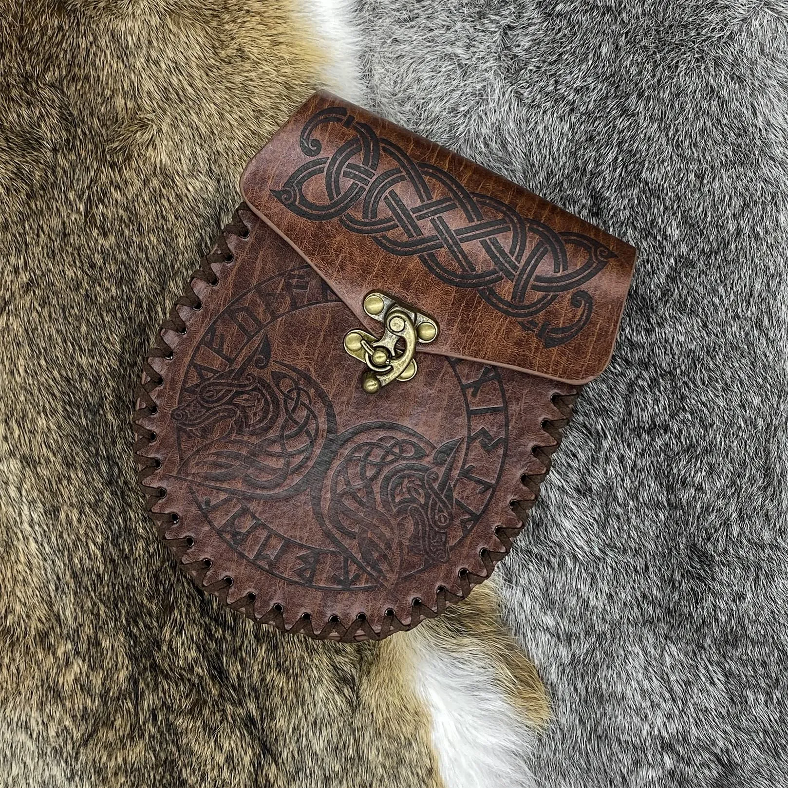 Marsupio in rilievo marrone, Marsupio in pelle vintage vichingo, Marsupio medievale LARP per donna Uomo - immagine 4