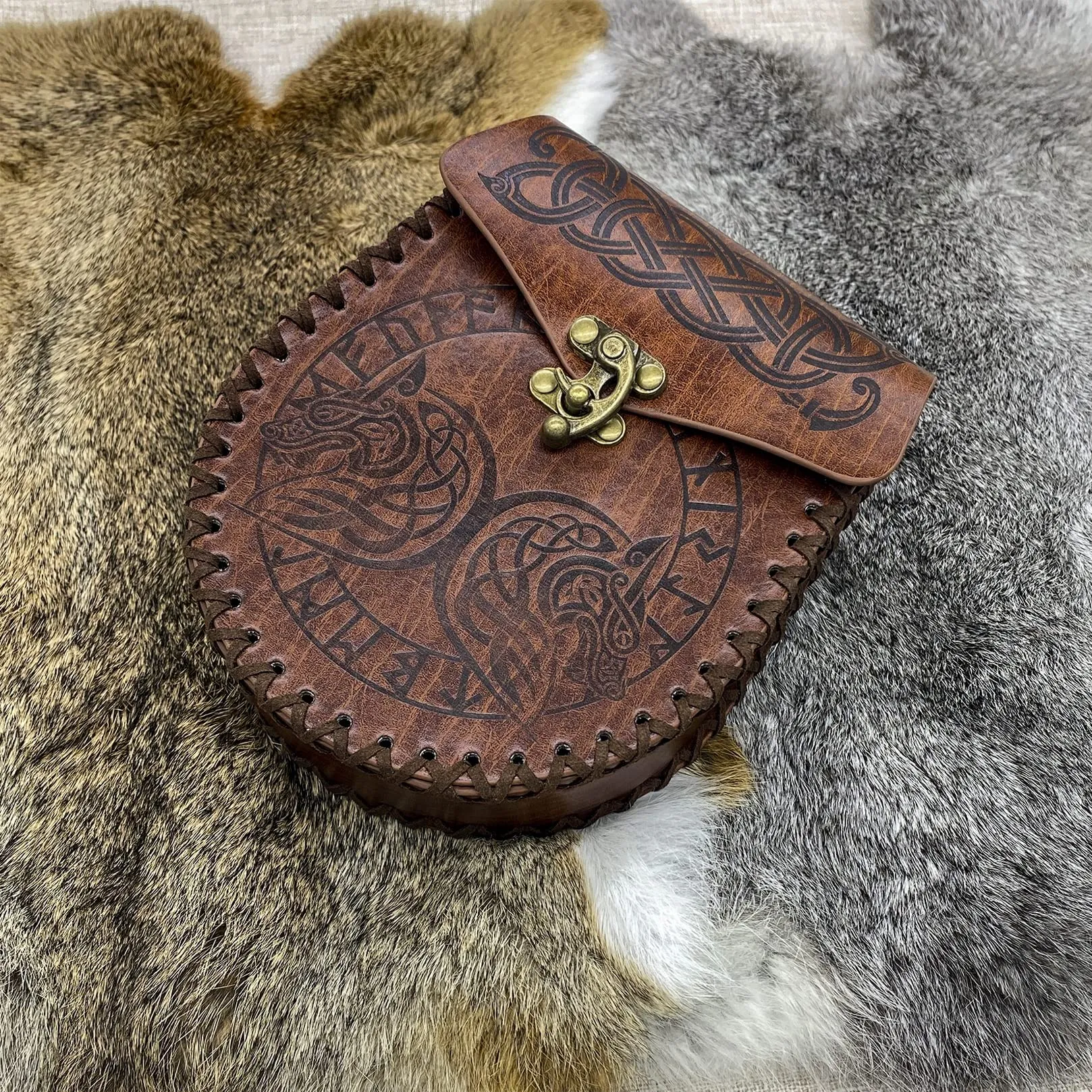 Marsupio in rilievo marrone, Marsupio in pelle vintage vichingo, Marsupio medievale LARP per donna Uomo - immagine 6
