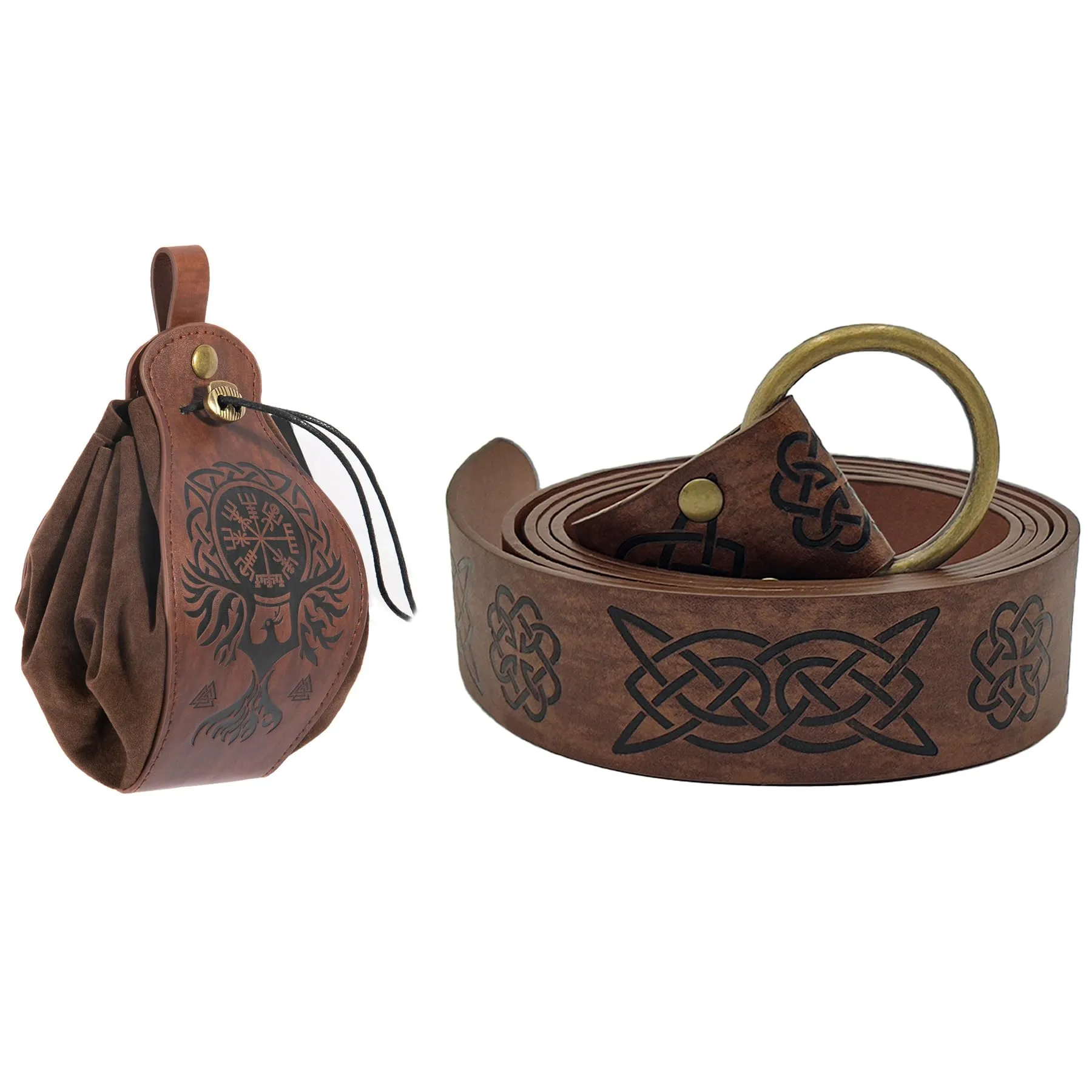 Thajaling 2 pezzi vichingo medievale in finta pelle Pouch,Retro cintura cavaliere Set,rinascimentale coulisse Dadi Bag,Rinascimento LARP Accessori (Marrone-2) - immagine 1