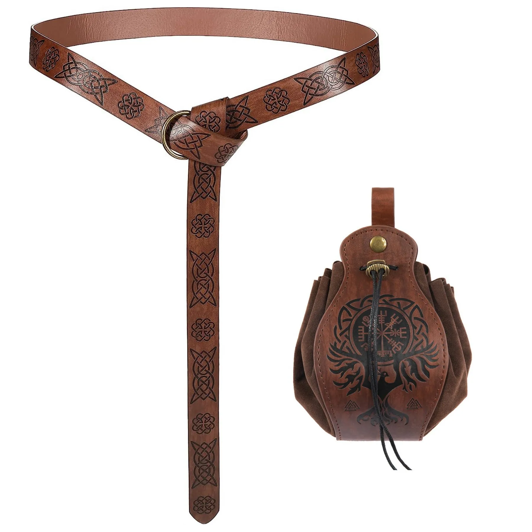 Thajaling 2 pezzi vichingo medievale in finta pelle Pouch,Retro cintura cavaliere Set,rinascimentale coulisse Dadi Bag,Rinascimento LARP Accessori (Marrone-2) - immagine 2