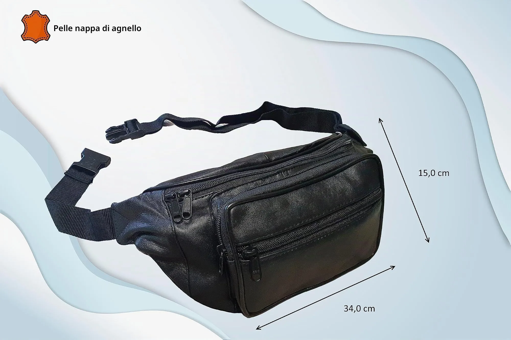 Marsupio / marsupio in vera pelle di agnello nero Nappa Materiale morbida pelle Uno scomparto posteriore sicuro con chiusura lampo per passaporto. Elegante e alla moda per uomo e donna. - immagine 2