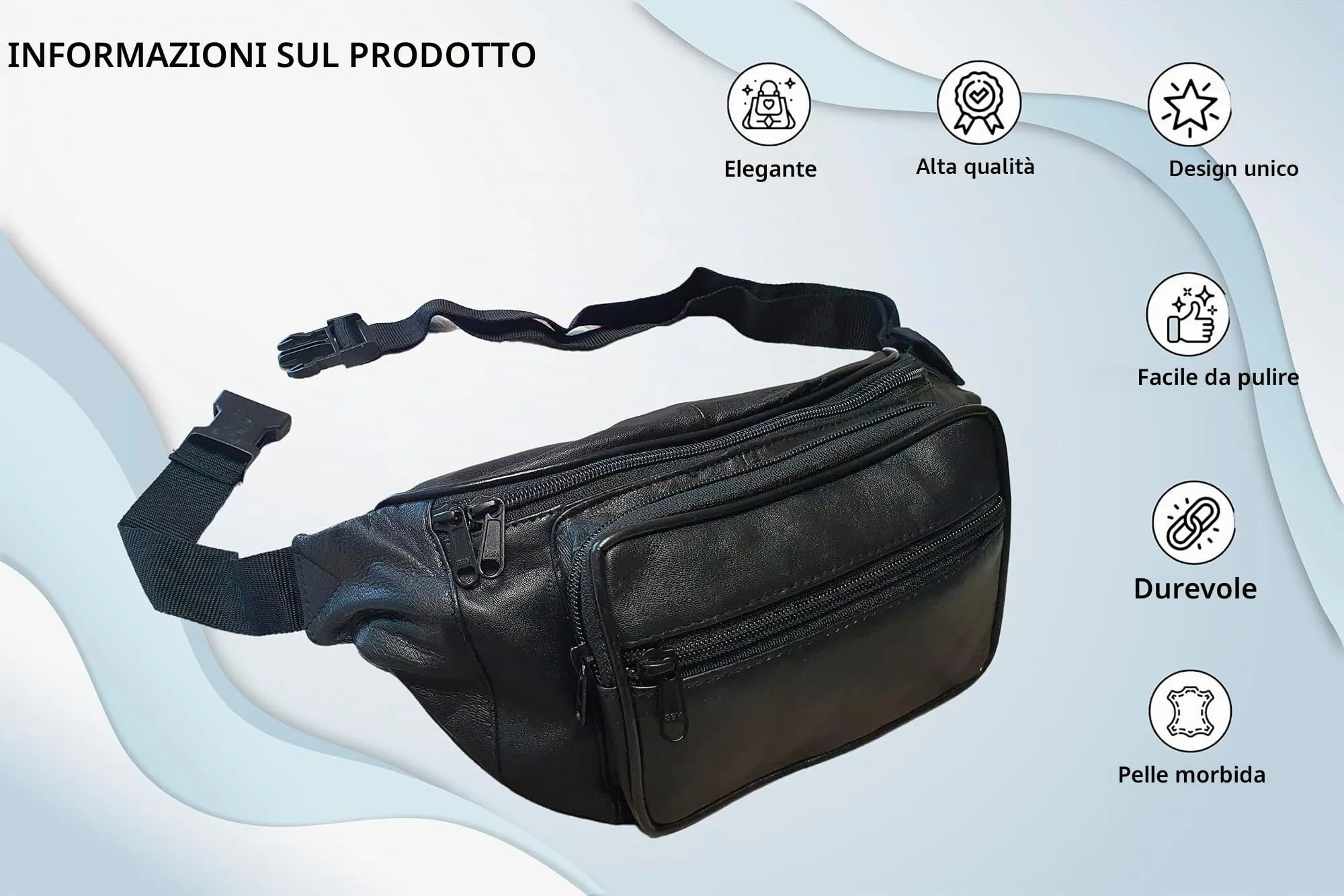 Marsupio / marsupio in vera pelle di agnello nero Nappa Materiale morbida pelle Uno scomparto posteriore sicuro con chiusura lampo per passaporto. Elegante e alla moda per uomo e donna. - immagine 4