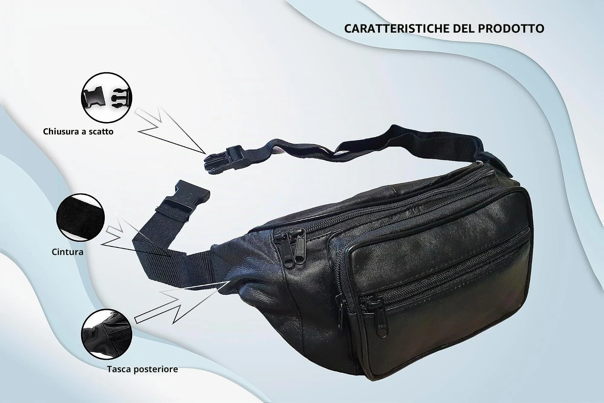 Marsupio / marsupio in vera pelle di agnello nero Nappa Materiale morbida pelle Uno scomparto posteriore sicuro con chiusura lampo per passaporto. Elegante e alla moda per uomo e donna. - immagine 5