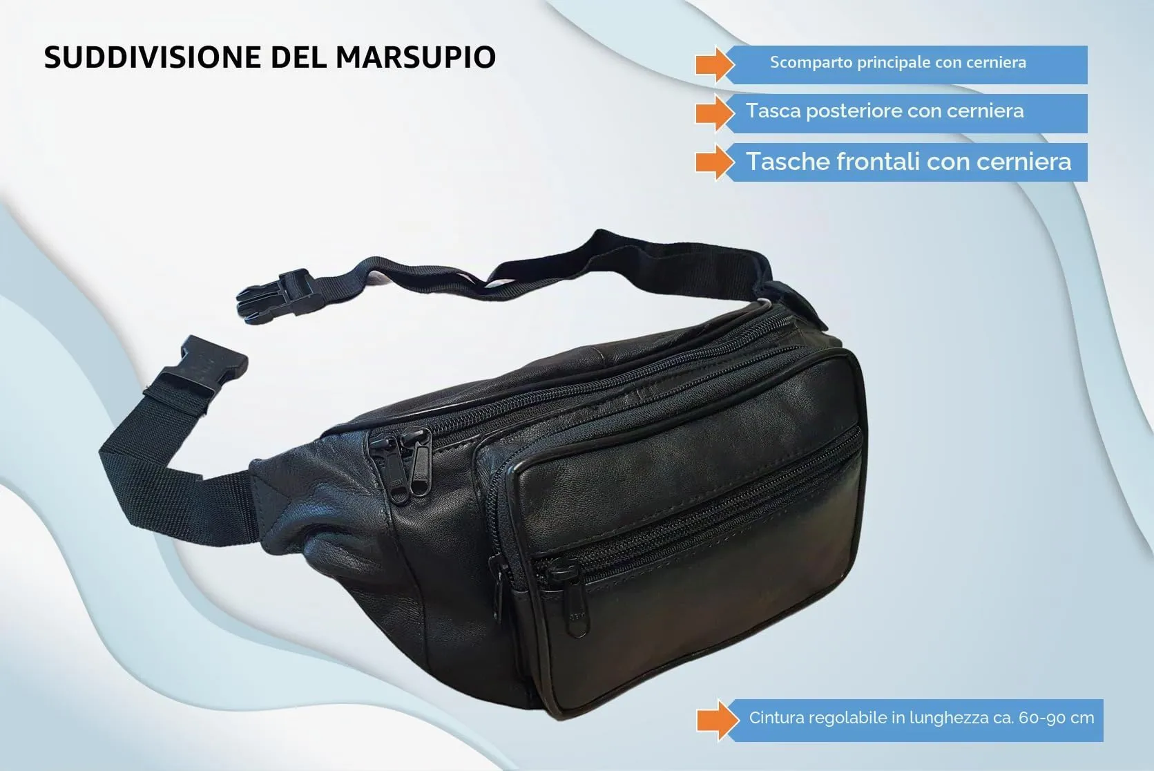 Marsupio / marsupio in vera pelle di agnello nero Nappa Materiale morbida pelle Uno scomparto posteriore sicuro con chiusura lampo per passaporto. Elegante e alla moda per uomo e donna. - immagine 6