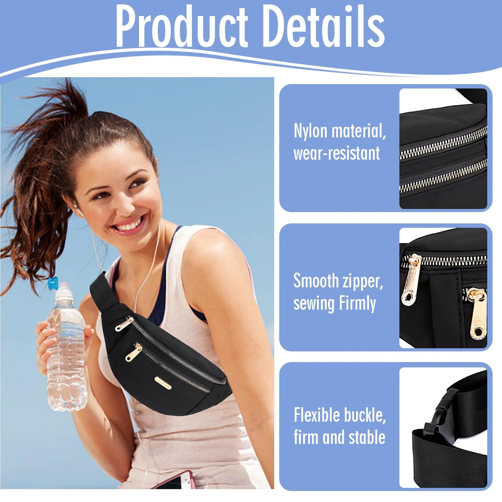 Marsupio da donna con cintura regolabile, marsupio da donna, per viaggi, escursioni, corsa, jogging, allenamento per cani (lunghezza cintura: 70 – 100 cm) - immagine 3