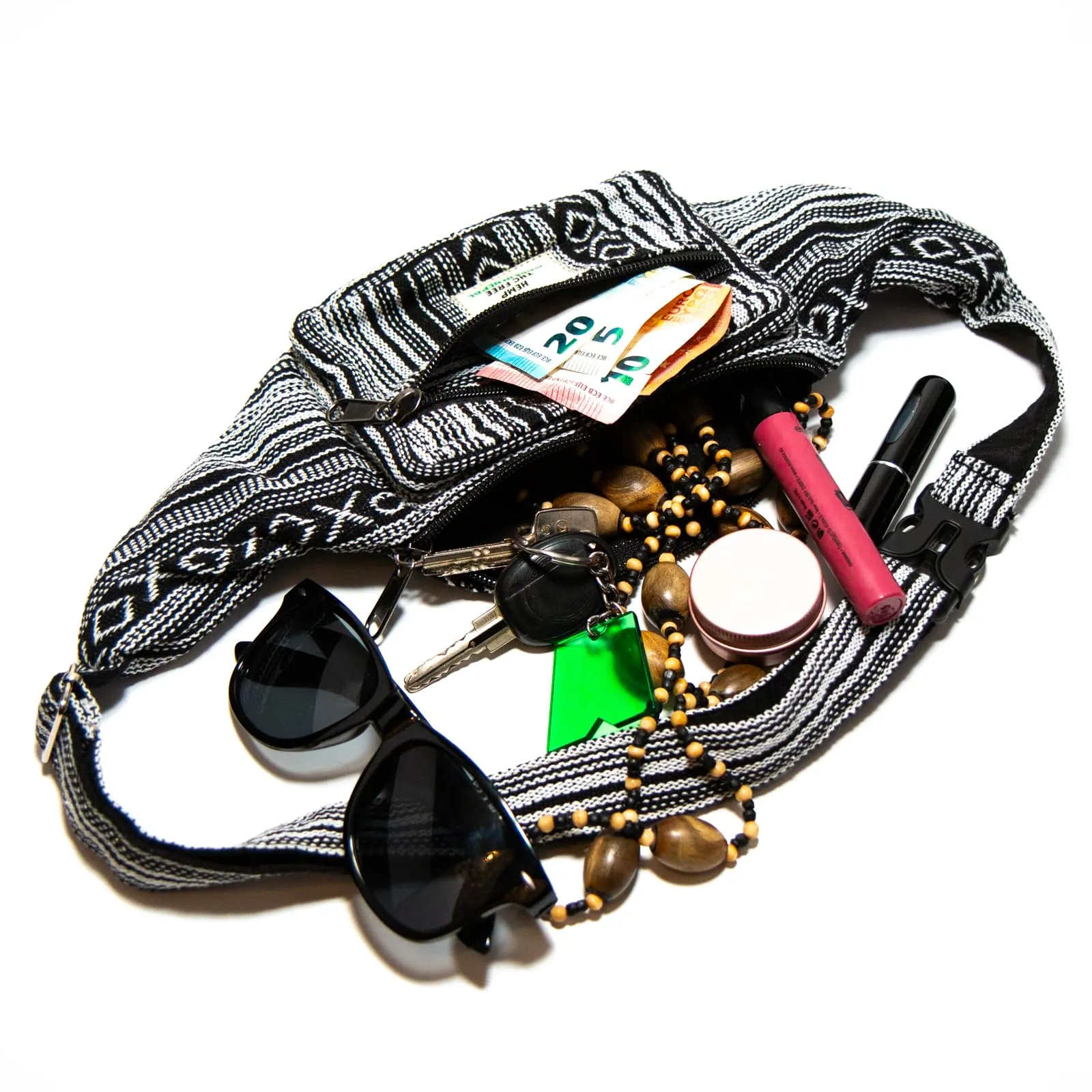 Marsupio Himalayan Hemp, ogni marsupio è un pezzo unico con stile, hipbag sostenibile in canapa, realizzato a mano in Nepal, Nero/Bianco, S - immagine 7