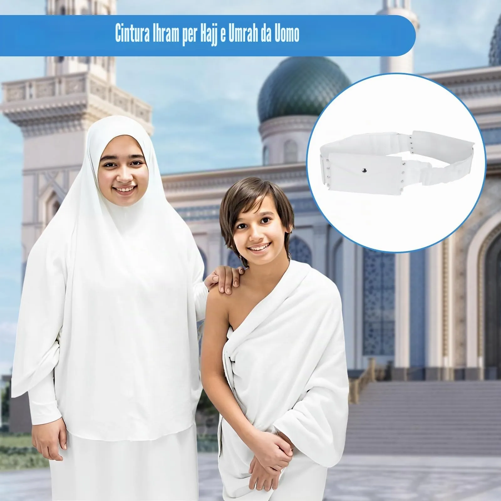 Ihram Cintura da uomo Hajj Umrah – Cintura regolabile Ihram con tasche Hajj Belt Fashion Marsupio Umrah Essentials Free-Size, bianco, Taglia unica, Stile C - immagine 7