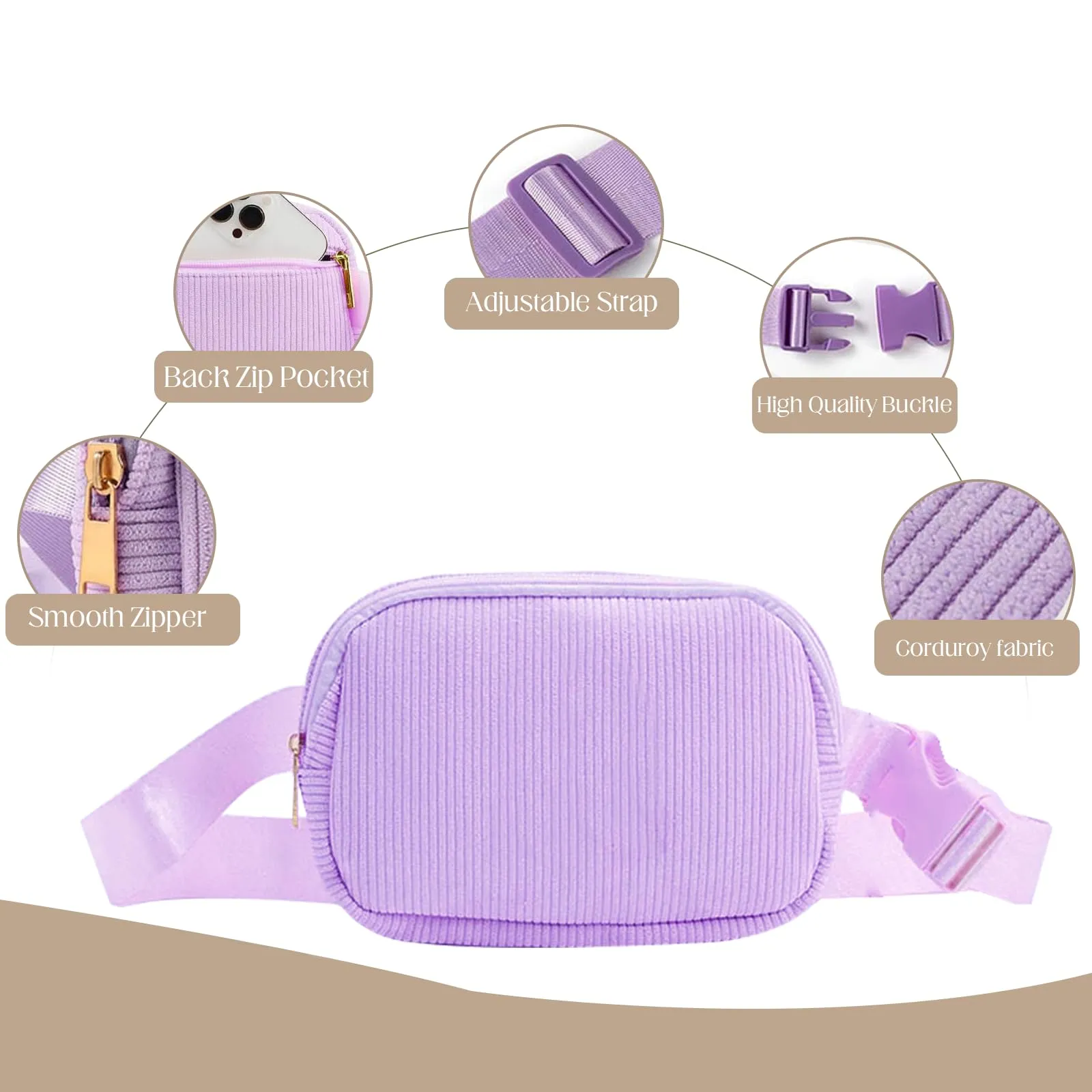 Hernin Marsupio in Velluto a Coste per Donna Uomo Marsupio con Cintura Marsupi in Velluto a Coste con Tracolla Regolabile per Viaggi, Sport, Corsa (viola) - immagine 6