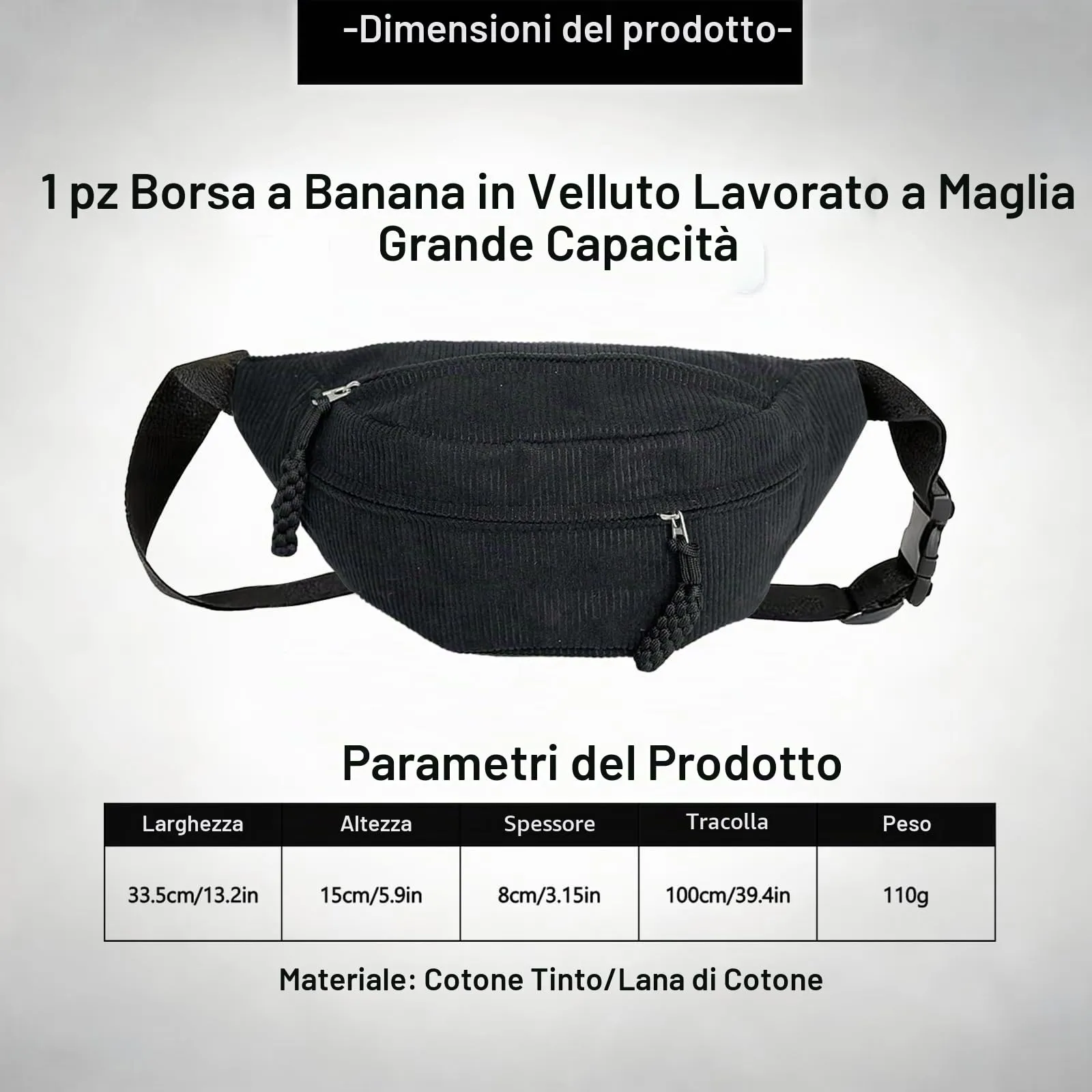 marsupio donna corduroy grande capacità con tracolla regolabile, borsa a tracolla nera stile mezzaluna per viaggio e uso quotidiano - immagine 2