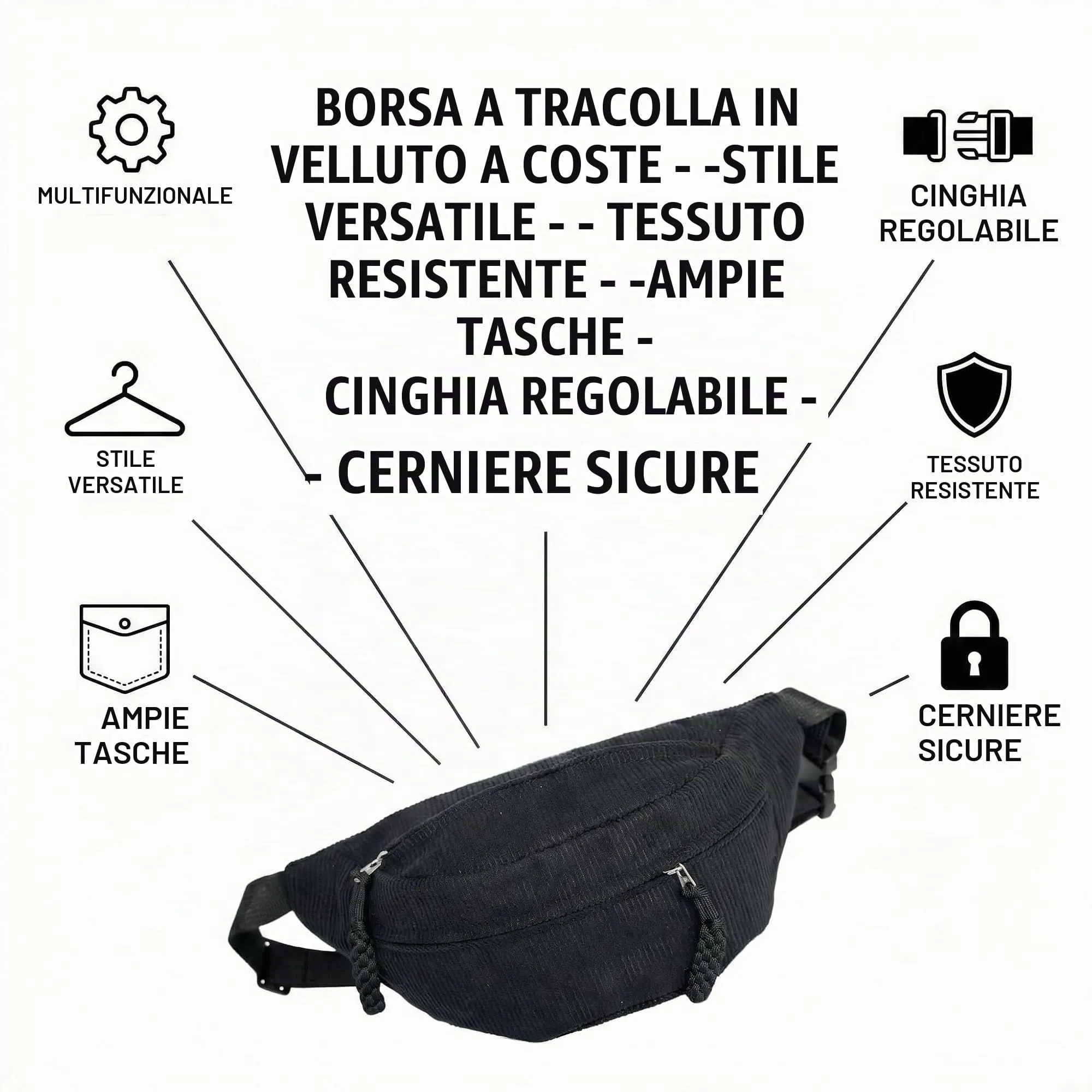 marsupio donna corduroy grande capacità con tracolla regolabile, borsa a tracolla nera stile mezzaluna per viaggio e uso quotidiano - immagine 4