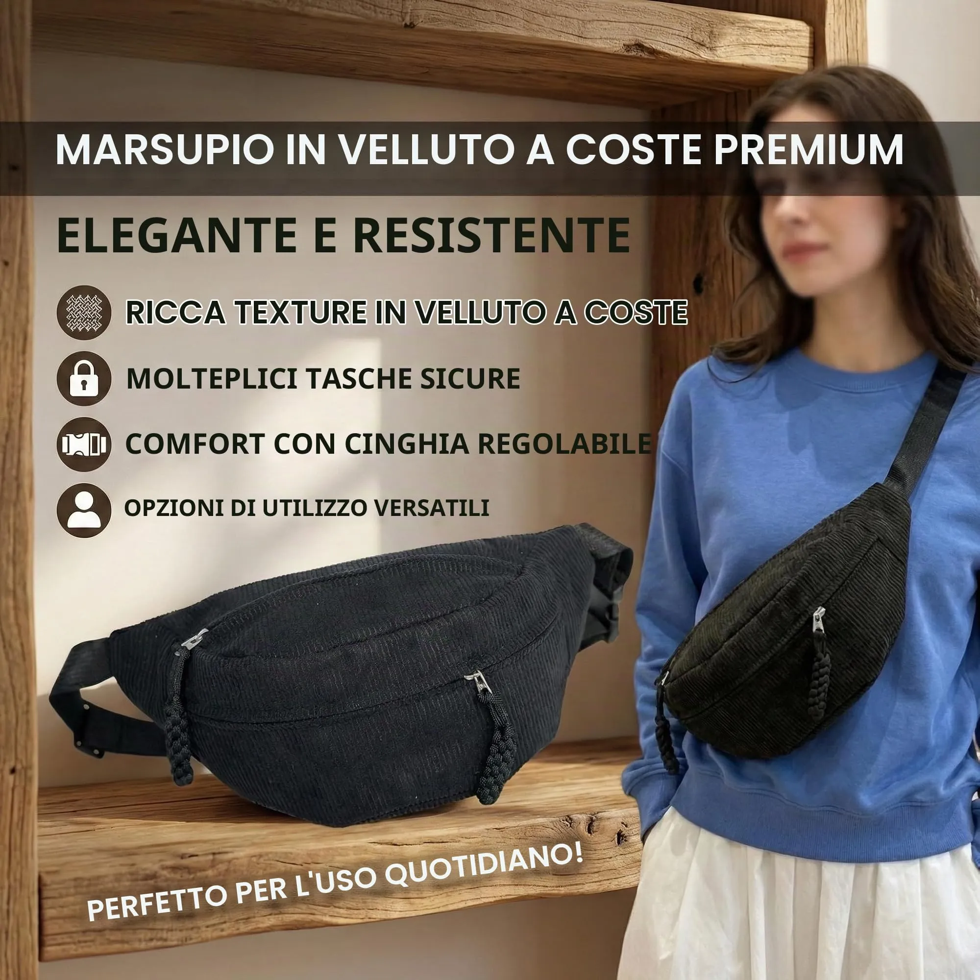 marsupio donna corduroy grande capacità con tracolla regolabile, borsa a tracolla nera stile mezzaluna per viaggio e uso quotidiano - immagine 6