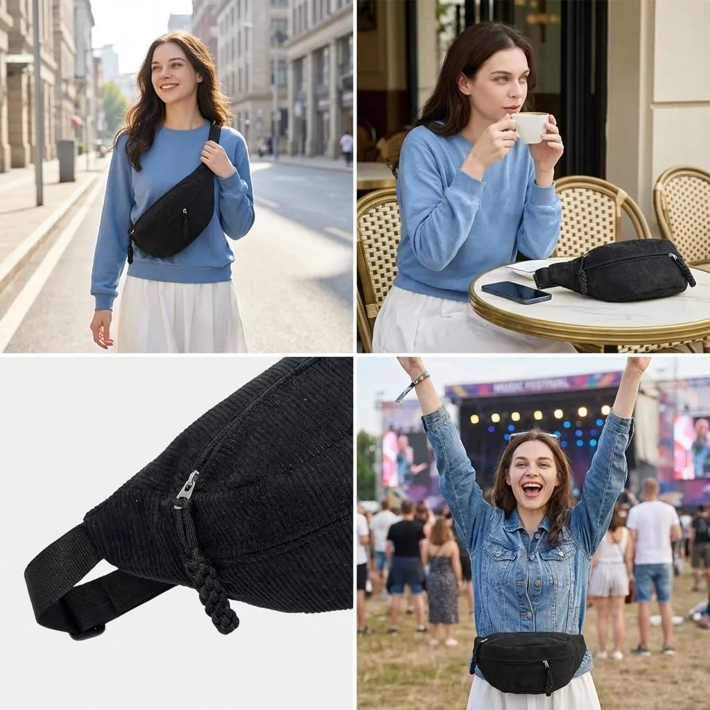 marsupio donna corduroy grande capacità con tracolla regolabile, borsa a tracolla nera stile mezzaluna per viaggio e uso quotidiano - immagine 7