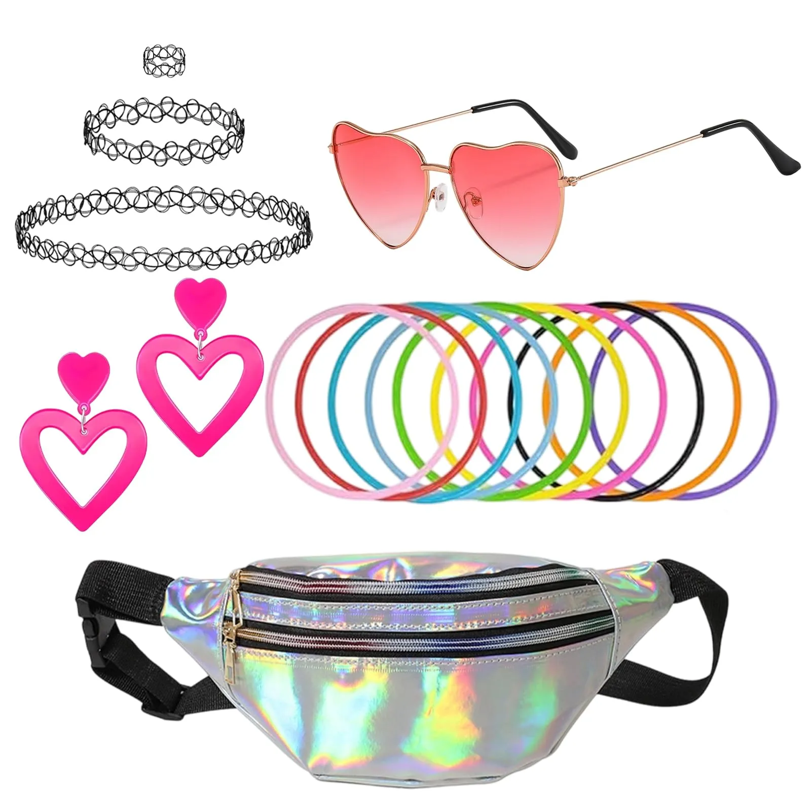 FVBKCOT Set 17 Pezzi Accessori Anni '90 Donna, Glam Abbigliamento per Feste a Tema, con Marsupio Argento, Occhiali Cuore, Bracciali, Girocollo, Orecchini, per Festa a Tema Carnevale Halloween - immagine 1