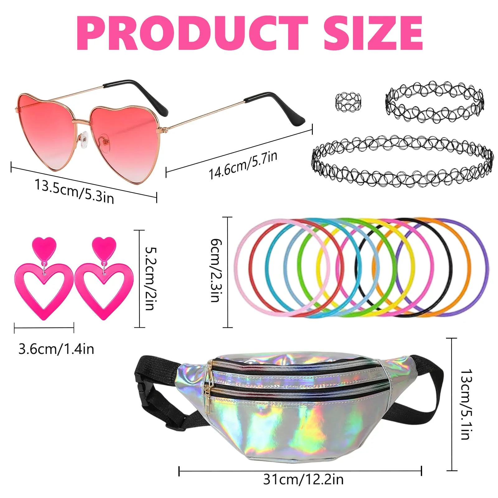 FVBKCOT Set 17 Pezzi Accessori Anni '90 Donna, Glam Abbigliamento per Feste a Tema, con Marsupio Argento, Occhiali Cuore, Bracciali, Girocollo, Orecchini, per Festa a Tema Carnevale Halloween - immagine 2