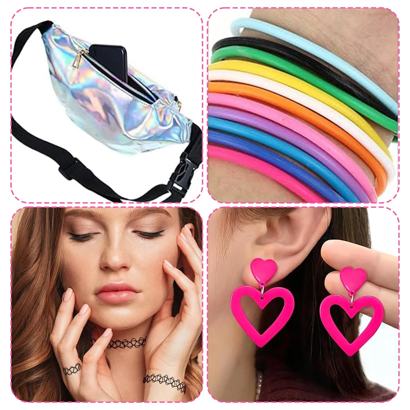 FVBKCOT Set 17 Pezzi Accessori Anni '90 Donna, Glam Abbigliamento per Feste a Tema, con Marsupio Argento, Occhiali Cuore, Bracciali, Girocollo, Orecchini, per Festa a Tema Carnevale Halloween - immagine 3