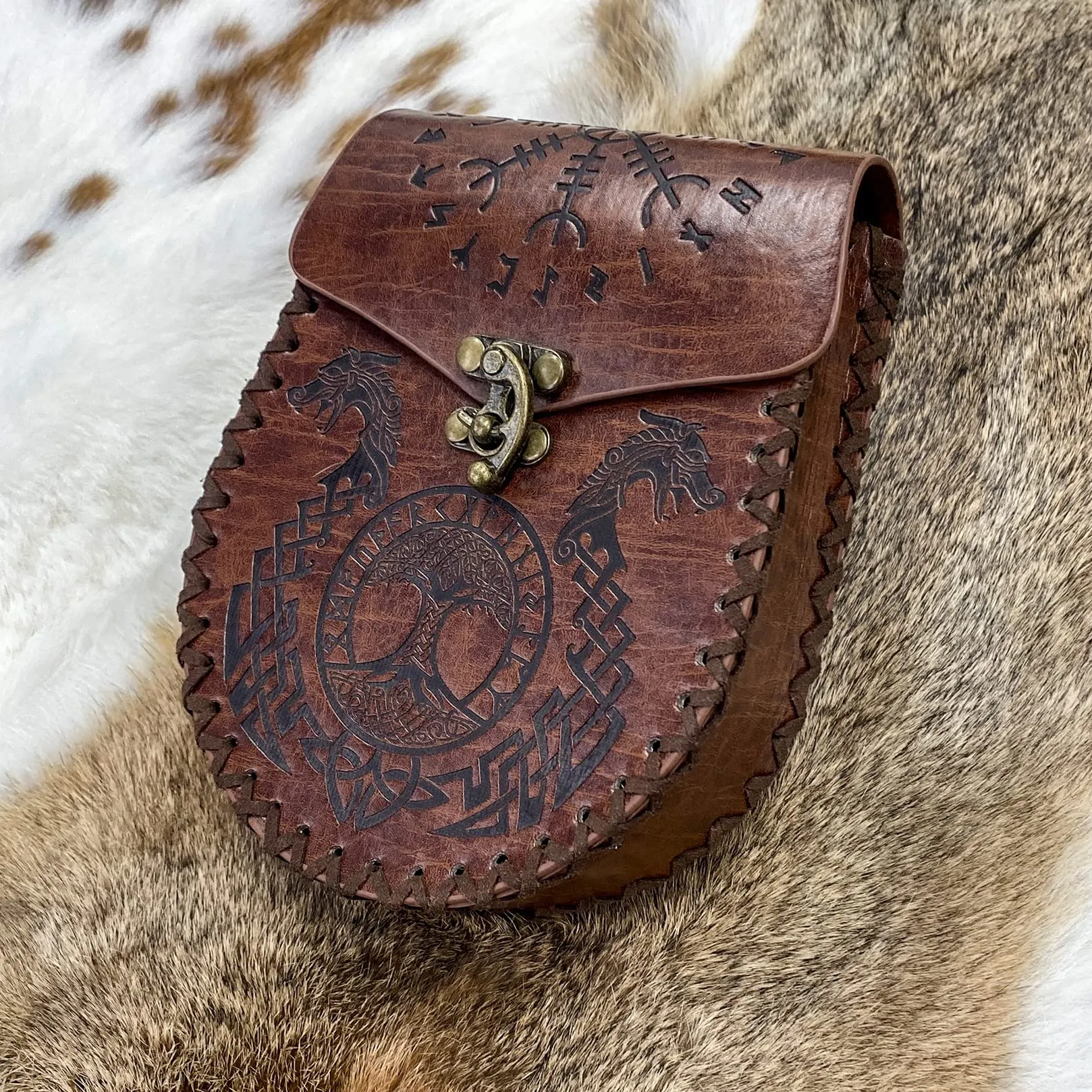 Marsupio in rilievo marrone, Marsupio in pelle vintage vichingo, Marsupio medievale LARP per donna Uomo - immagine 4