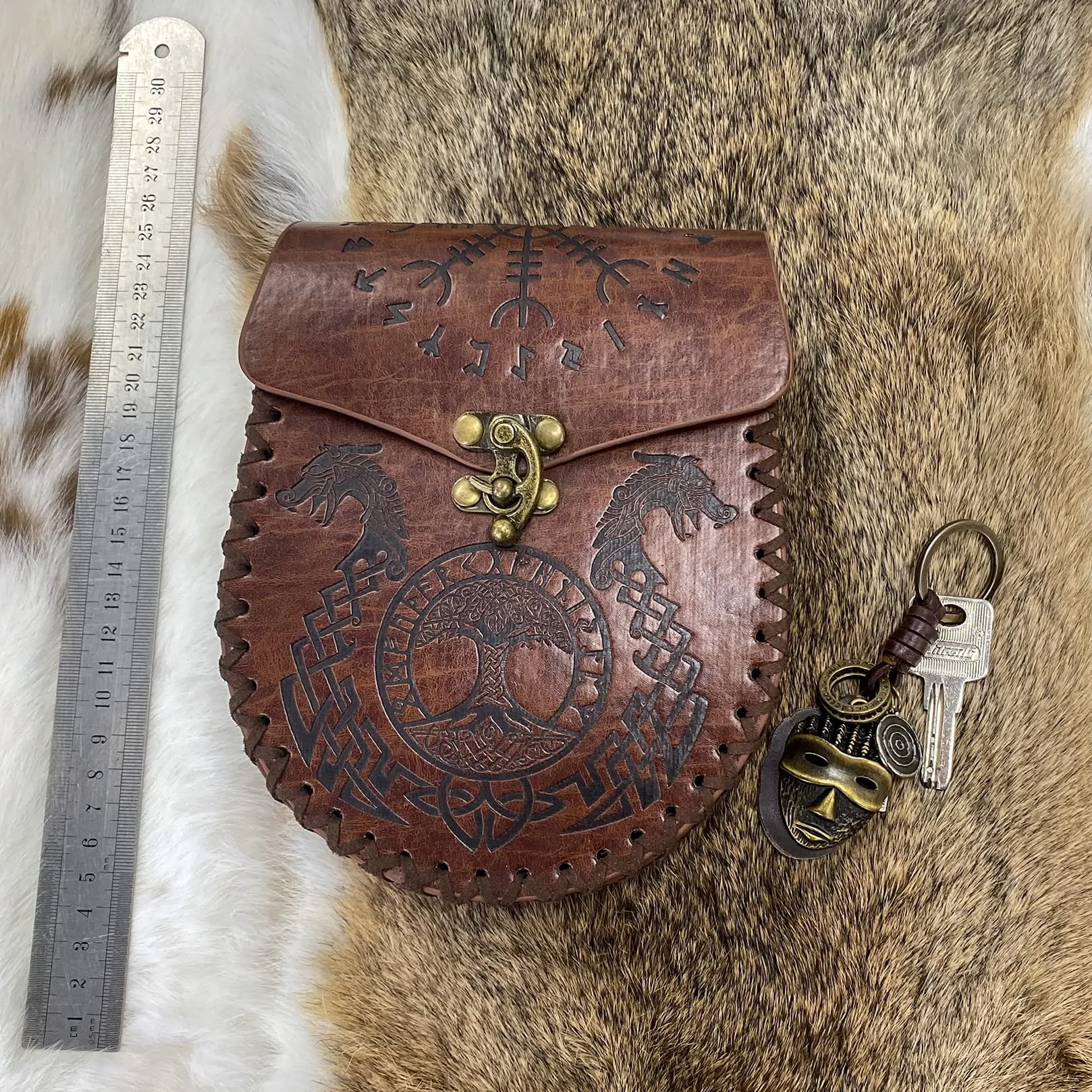 Marsupio in rilievo marrone, Marsupio in pelle vintage vichingo, Marsupio medievale LARP per donna Uomo - immagine 6