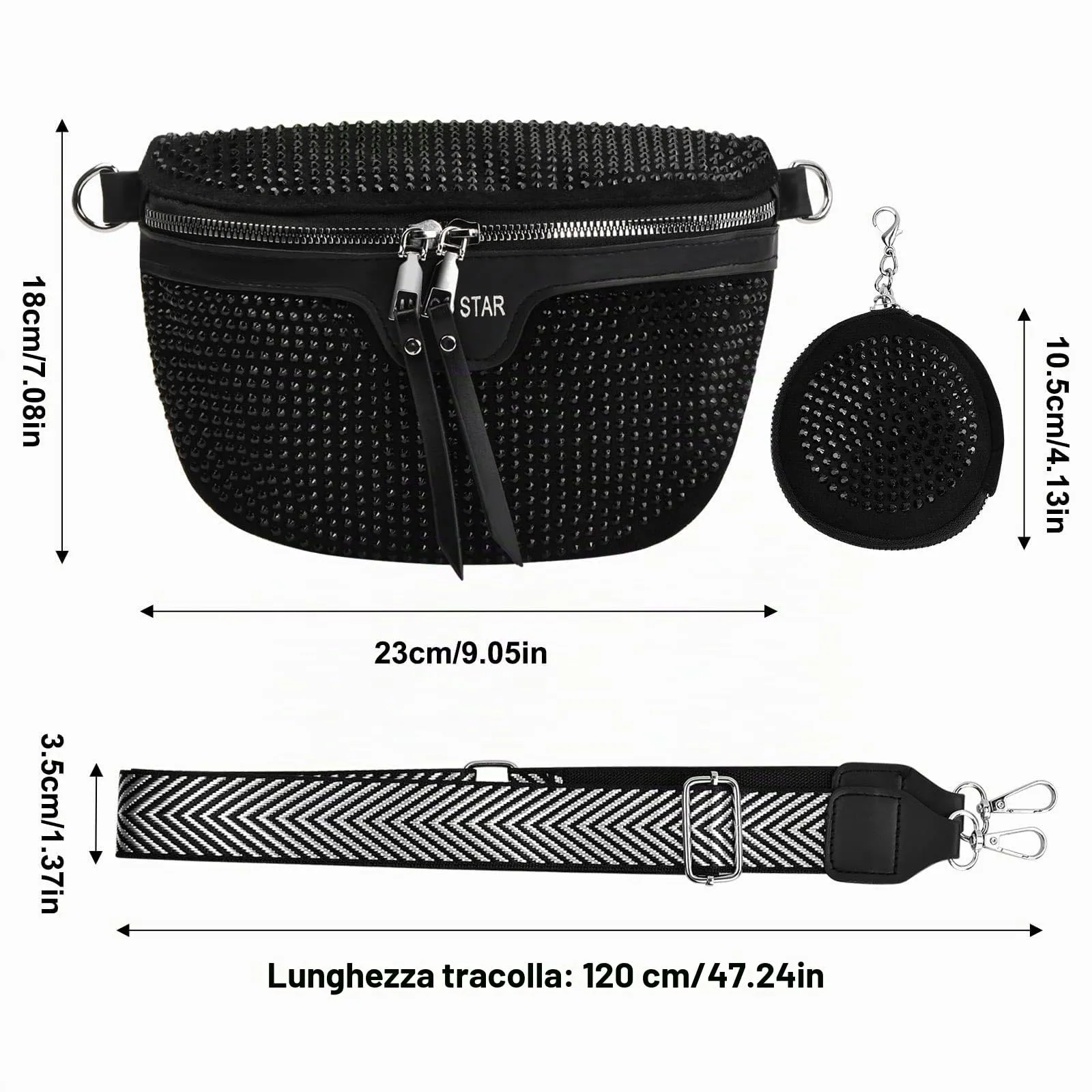 Cozlly Marsupio da Donna in Pelle, Borsa Tracolla Crossbody, Cinturino Regolabile, Piccola Borsetta, Sportiva, Tracolla Ampia (Nero) - immagine 2