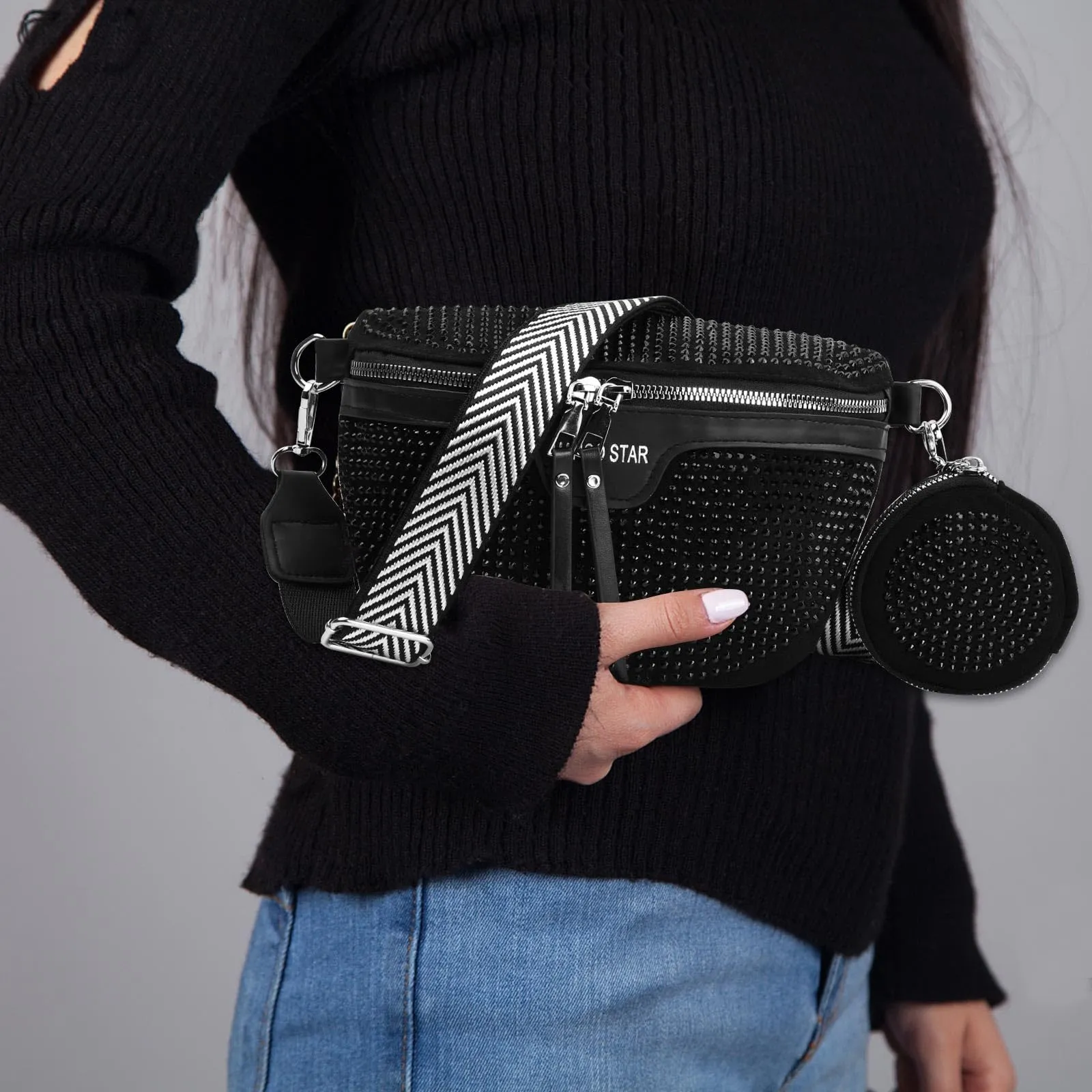 Cozlly Marsupio da Donna in Pelle, Borsa Tracolla Crossbody, Cinturino Regolabile, Piccola Borsetta, Sportiva, Tracolla Ampia (Nero) - immagine 5