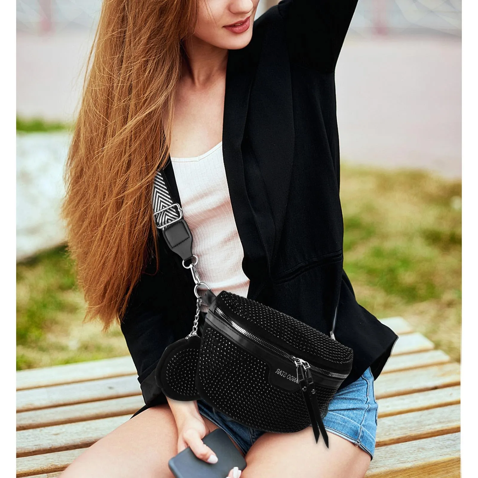 Cozlly Marsupio da Donna in Pelle, Borsa Tracolla Crossbody, Cinturino Regolabile, Piccola Borsetta, Sportiva, Tracolla Ampia (Nero) - immagine 6