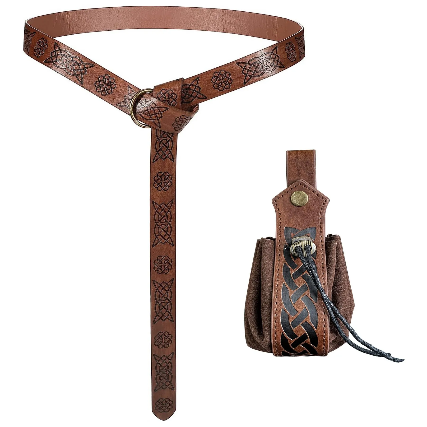 Thajaling 2 pezzi vichingo cintura medievale in finta pelle Cintura Pouch,Retro cintura cavaliere Set,rinascimentale coulisse Dadi Bag,Rinascimento LARP Accessori (Marrone-1) - immagine 2