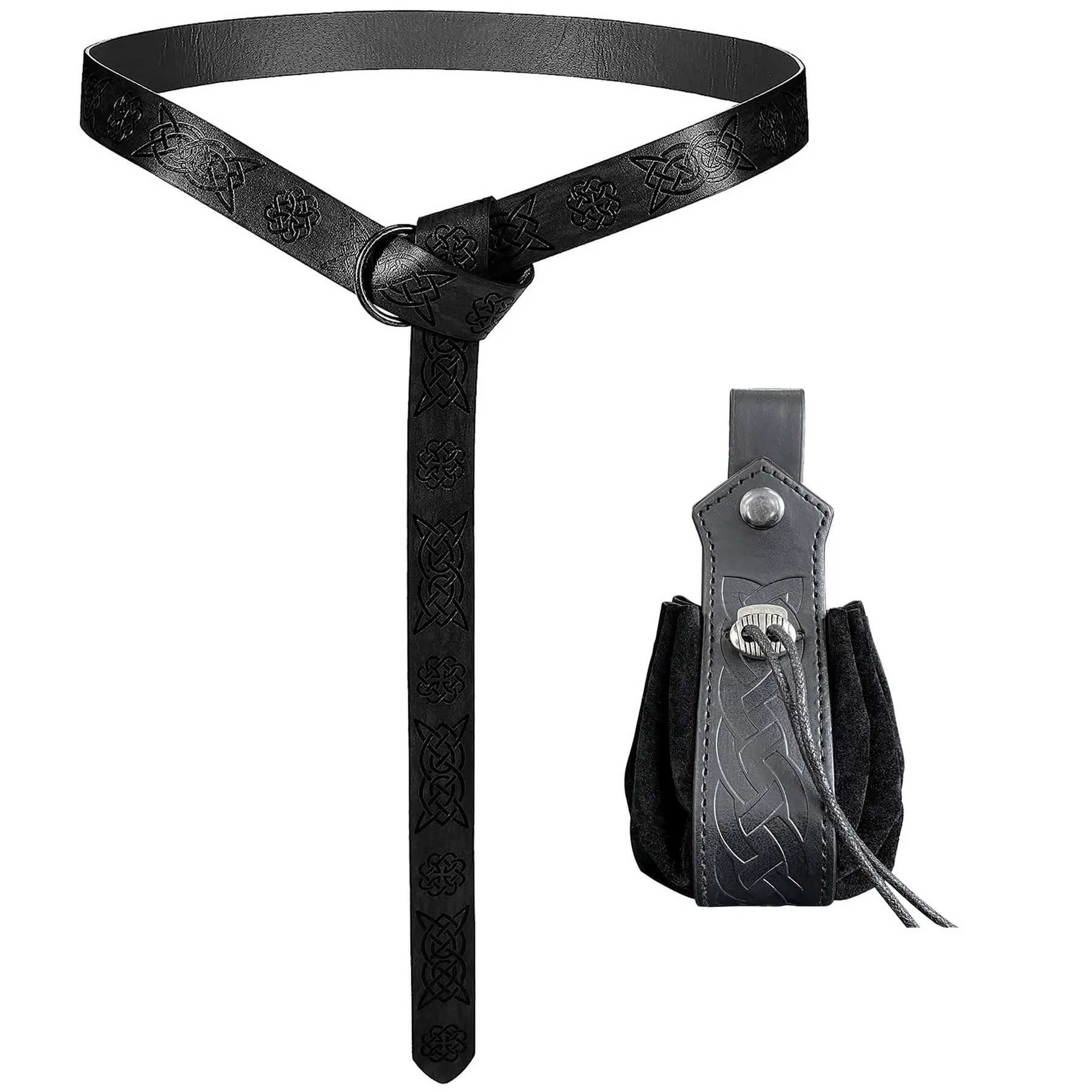 Thajaling 2 pezzi vichingo cintura medievale in finta pelle Pouch,Retro cavaliere Set,rinascimentale coulisse Dadi Bag,Rinascimento LARP Accessori (Nero) - immagine 2