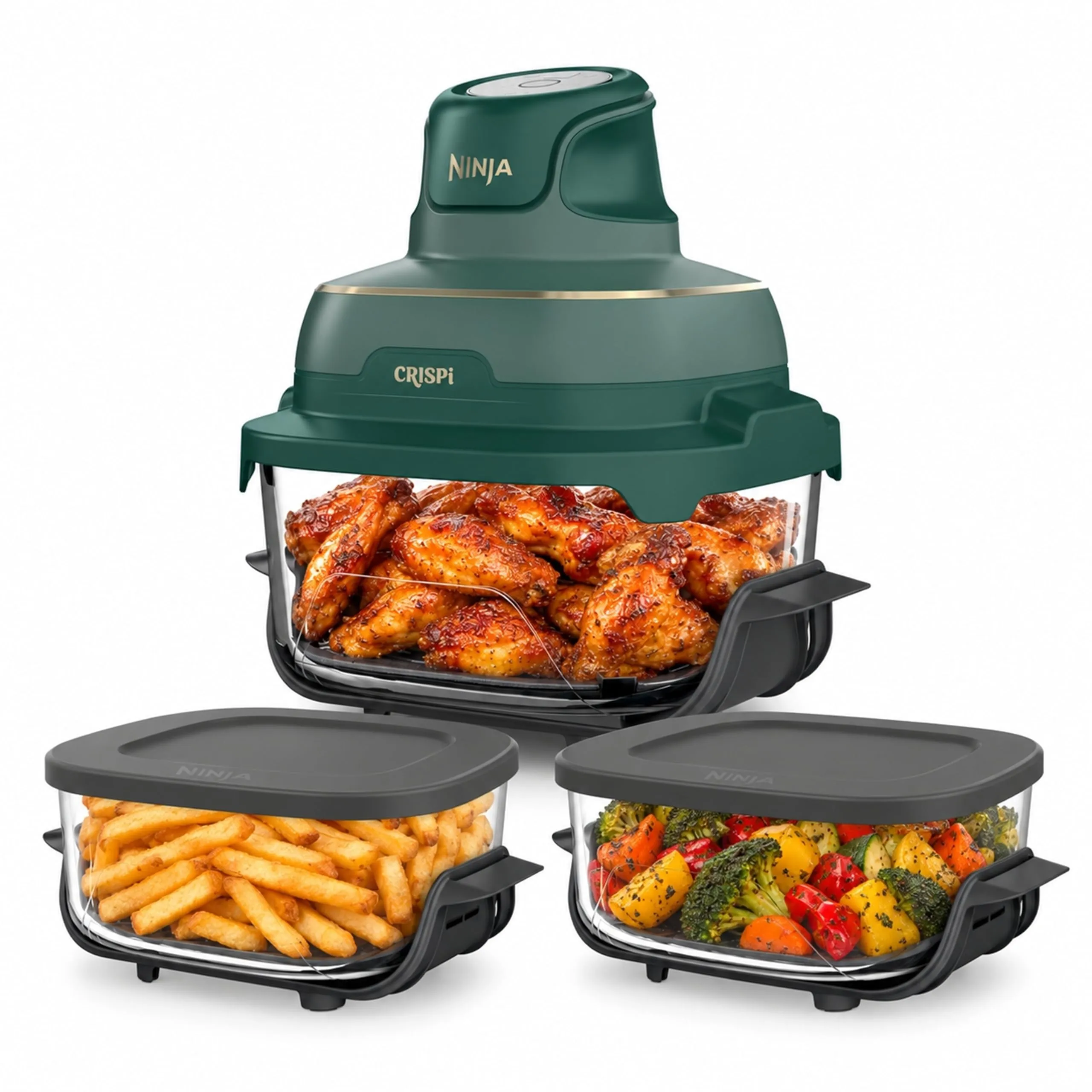 Ninja CRISPi Friggitrice ad aria, contenitore in vetro da 3,8 l, due da 2,3 l, coperchi, 4 in 1: Frittura ad aria, Cottura arrosto, Mantenimento a caldo, Recrisp, compatta, 1700 W, Oro verde FN203EU - immagine 1