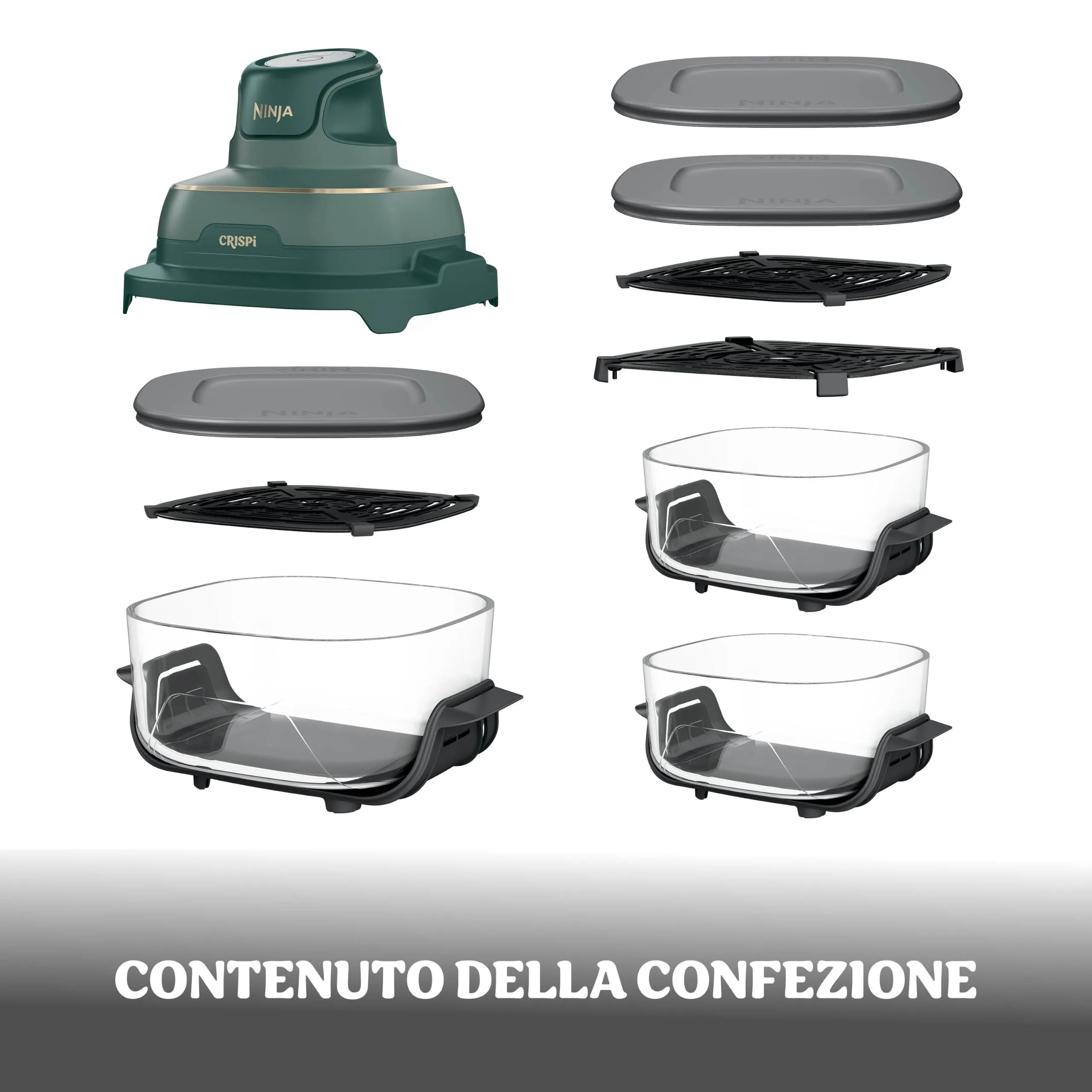 Ninja CRISPi Friggitrice ad aria, contenitore in vetro da 3,8 l, due da 2,3 l, coperchi, 4 in 1: Frittura ad aria, Cottura arrosto, Mantenimento a caldo, Recrisp, compatta, 1700 W, Oro verde FN203EU - immagine 2
